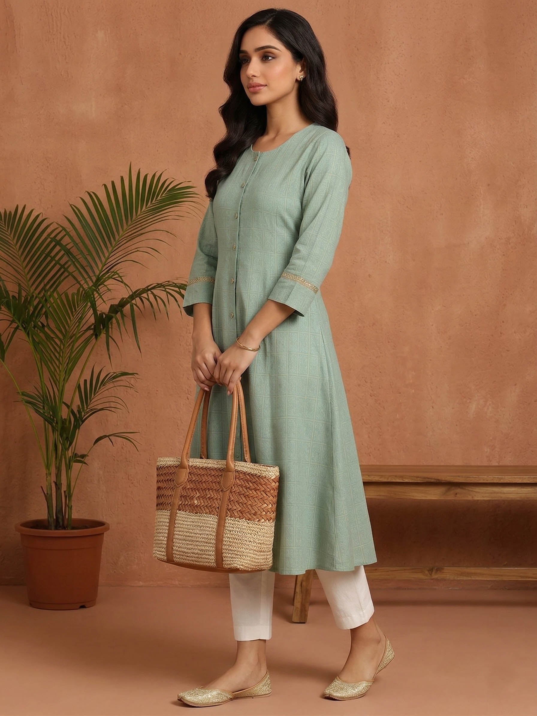 Aqua Green Color Subtle Golden Geometric Block Print Kurta