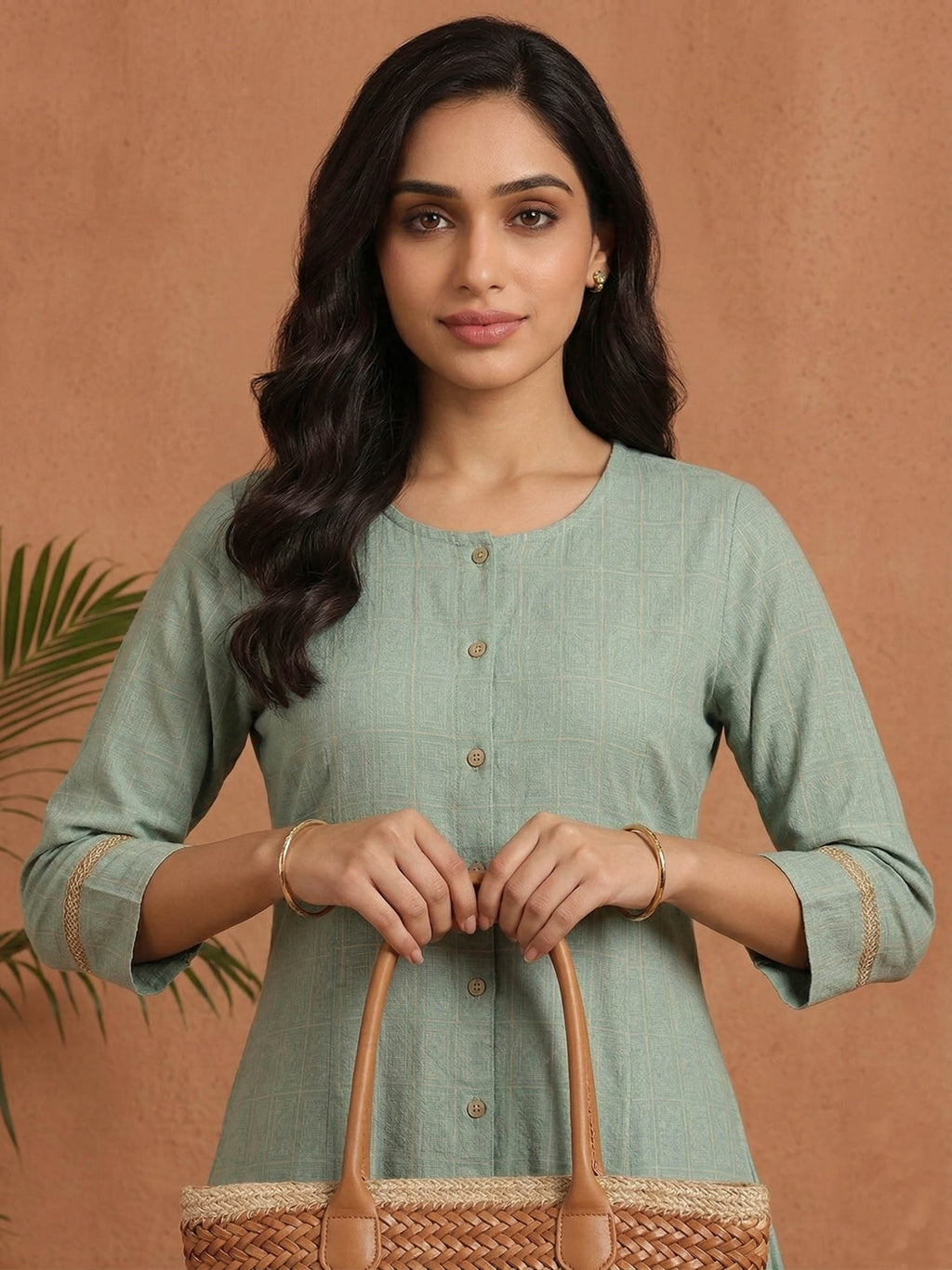 Aqua Green Color Subtle Golden Geometric Block Print Kurta