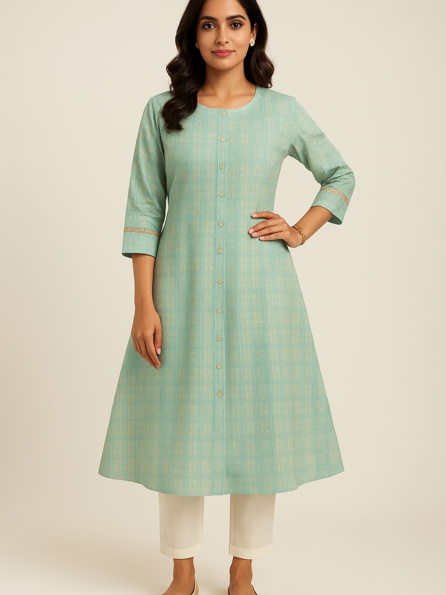 Aqua Green Color Subtle Golden Geometric Block Print Kurta