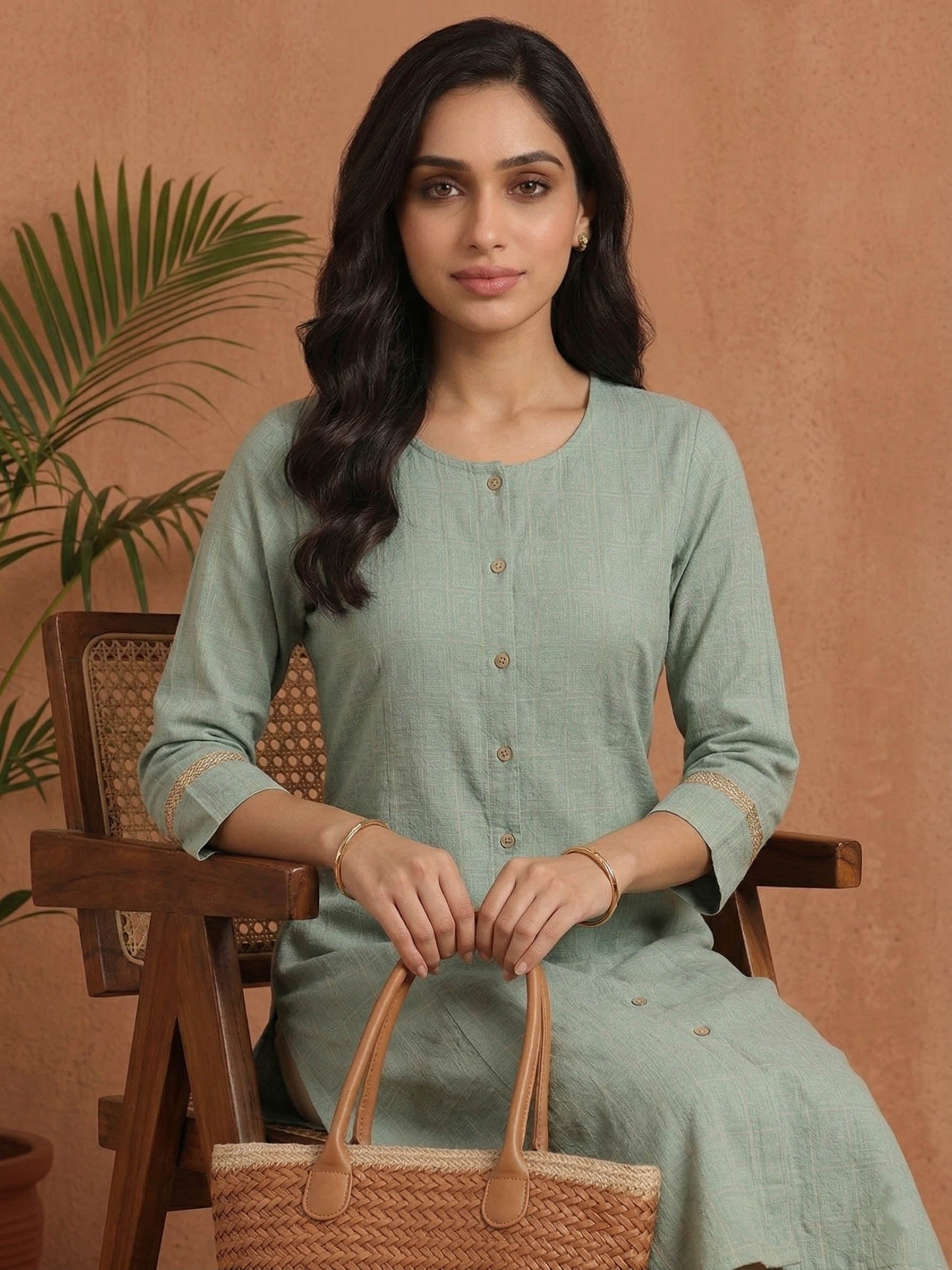 Aqua Green Color Subtle Golden Geometric Block Print Kurta