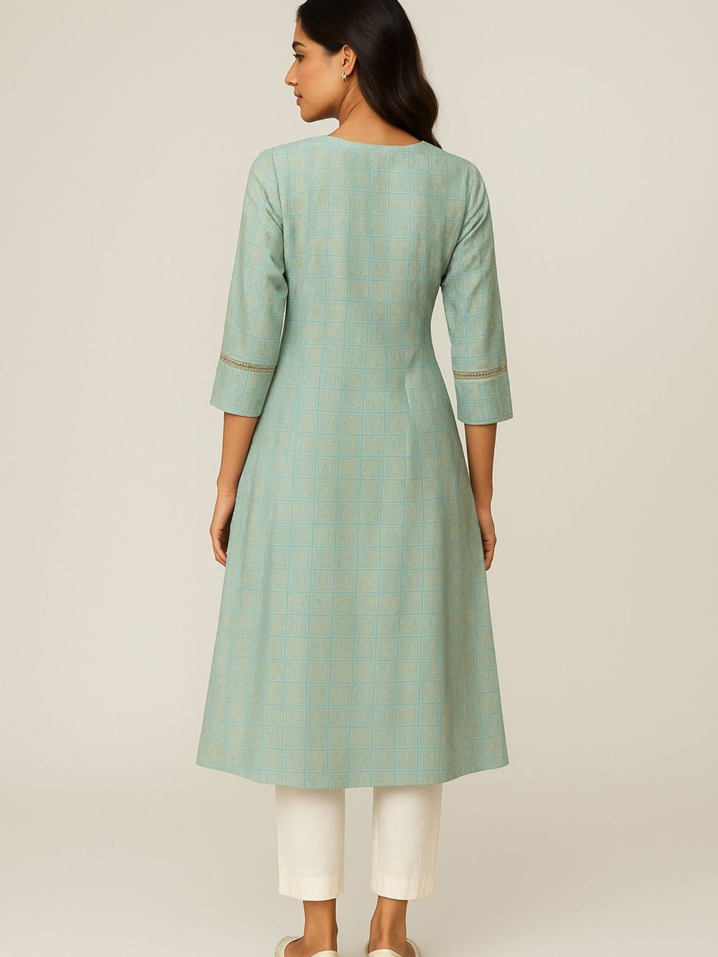 Aqua Green Color Subtle Golden Geometric Block Print Kurta