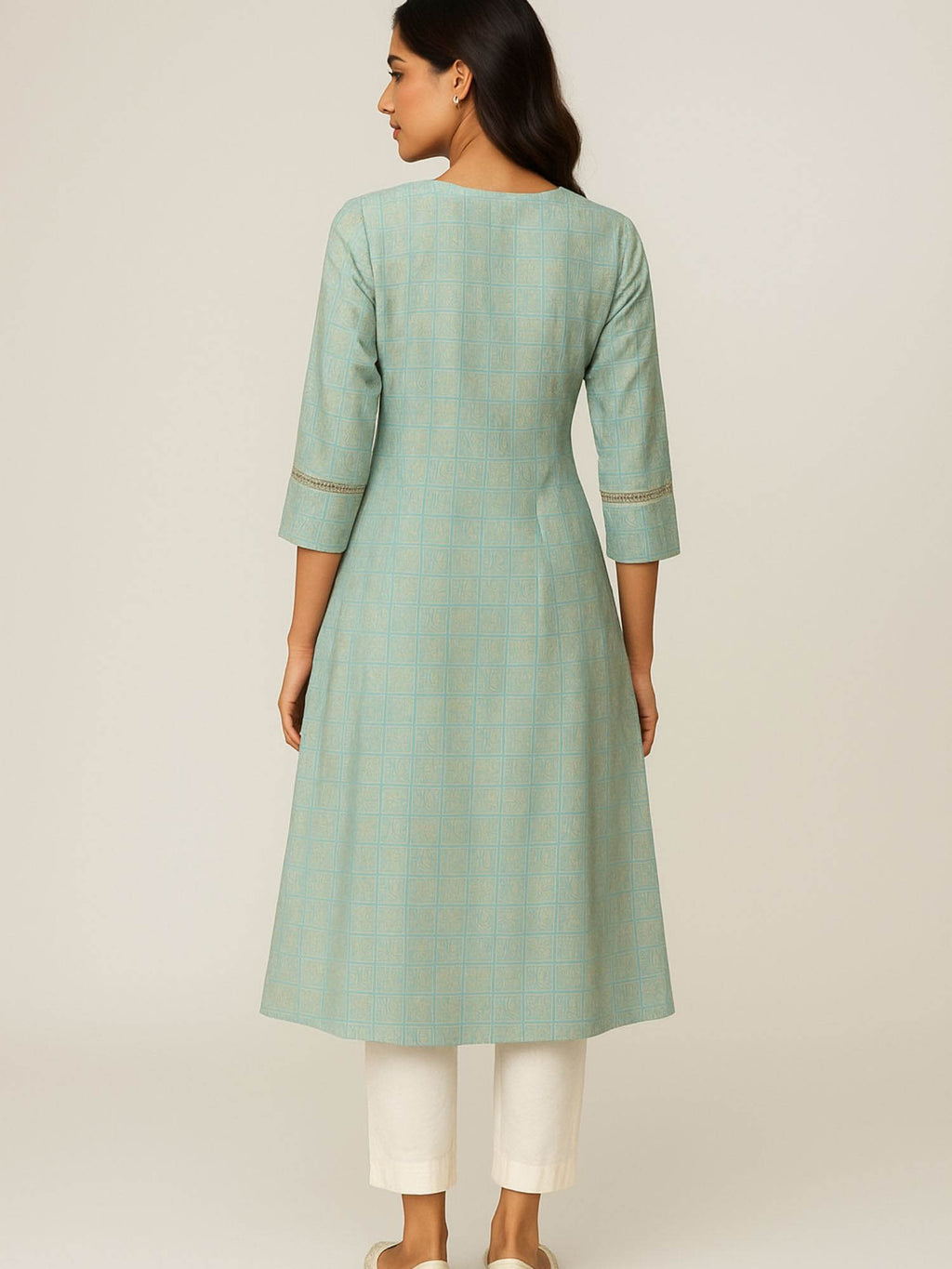 Aqua Green Color Subtle Golden Geometric Block Print Kurta