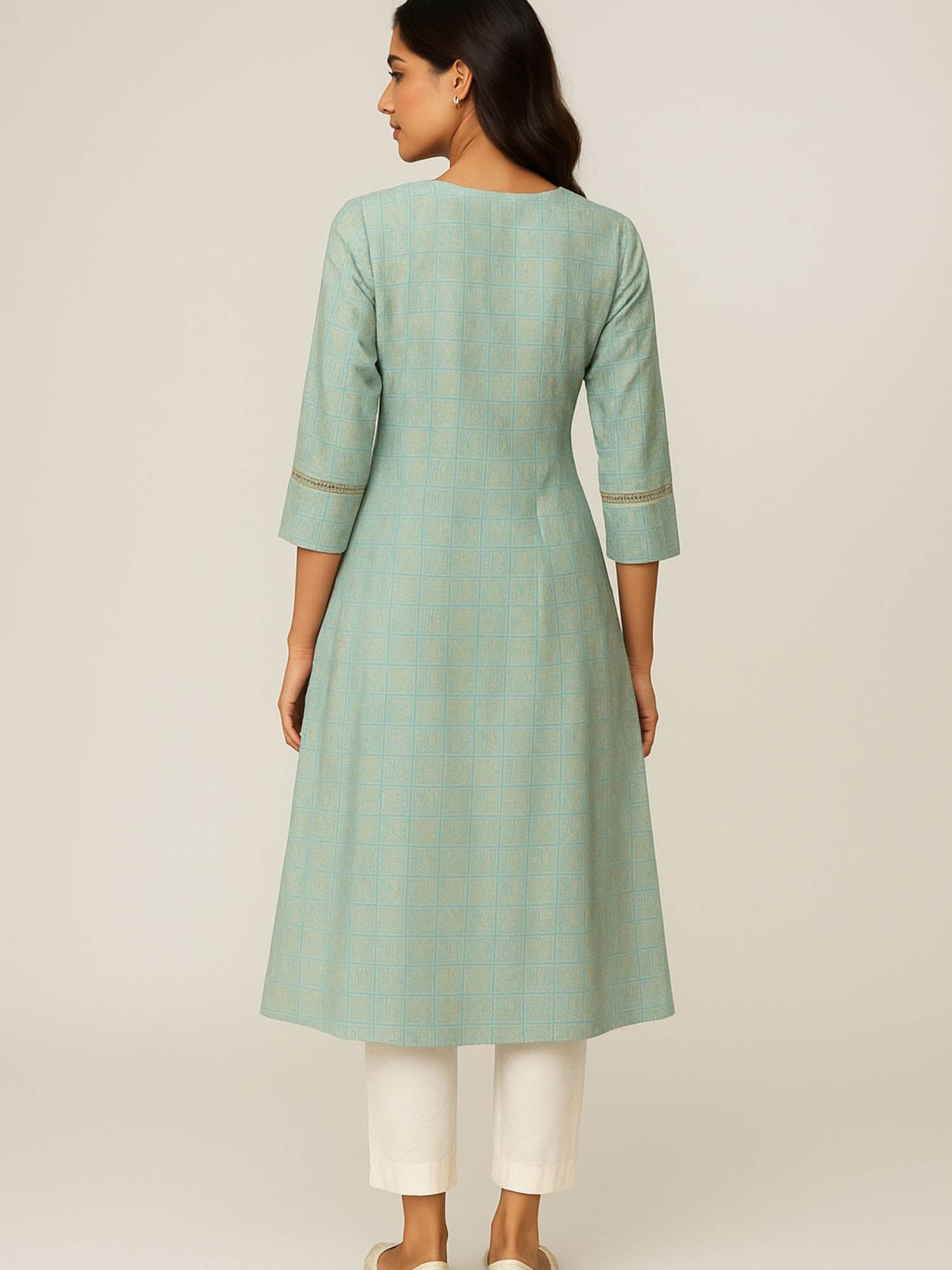 Aqua Green Color Subtle Golden Geometric Block Print Kurta
