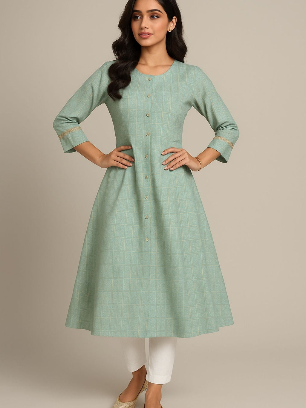 Aqua Green Color Subtle Golden Geometric Block Print Kurta