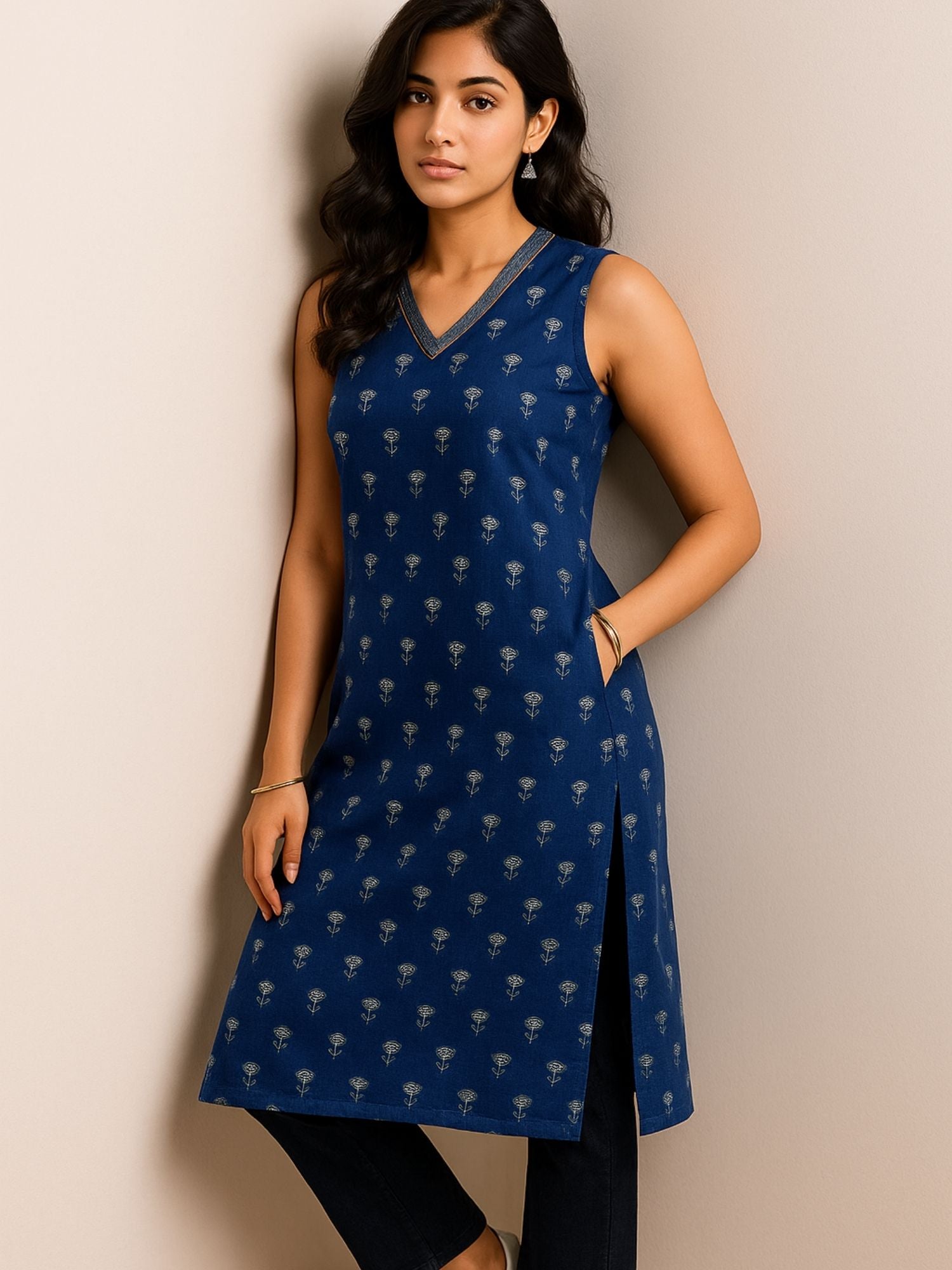 Navy Blue Color Small Floral Block Print With Zari Couching On Neckline Kurti
