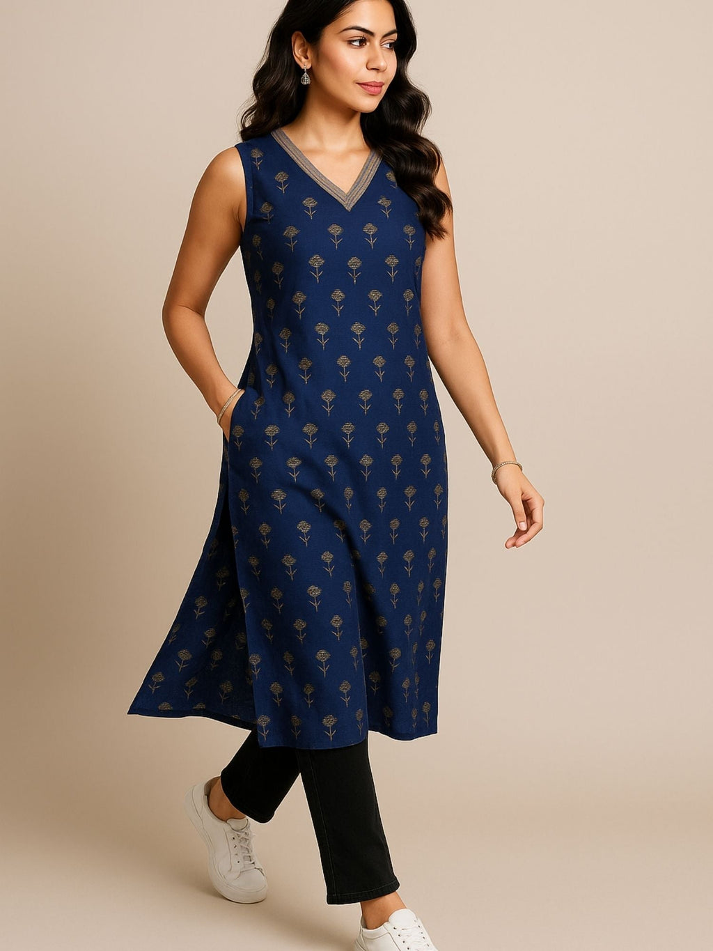 Navy Blue Color Small Floral Block Print With Zari Couching On Neckline Kurti