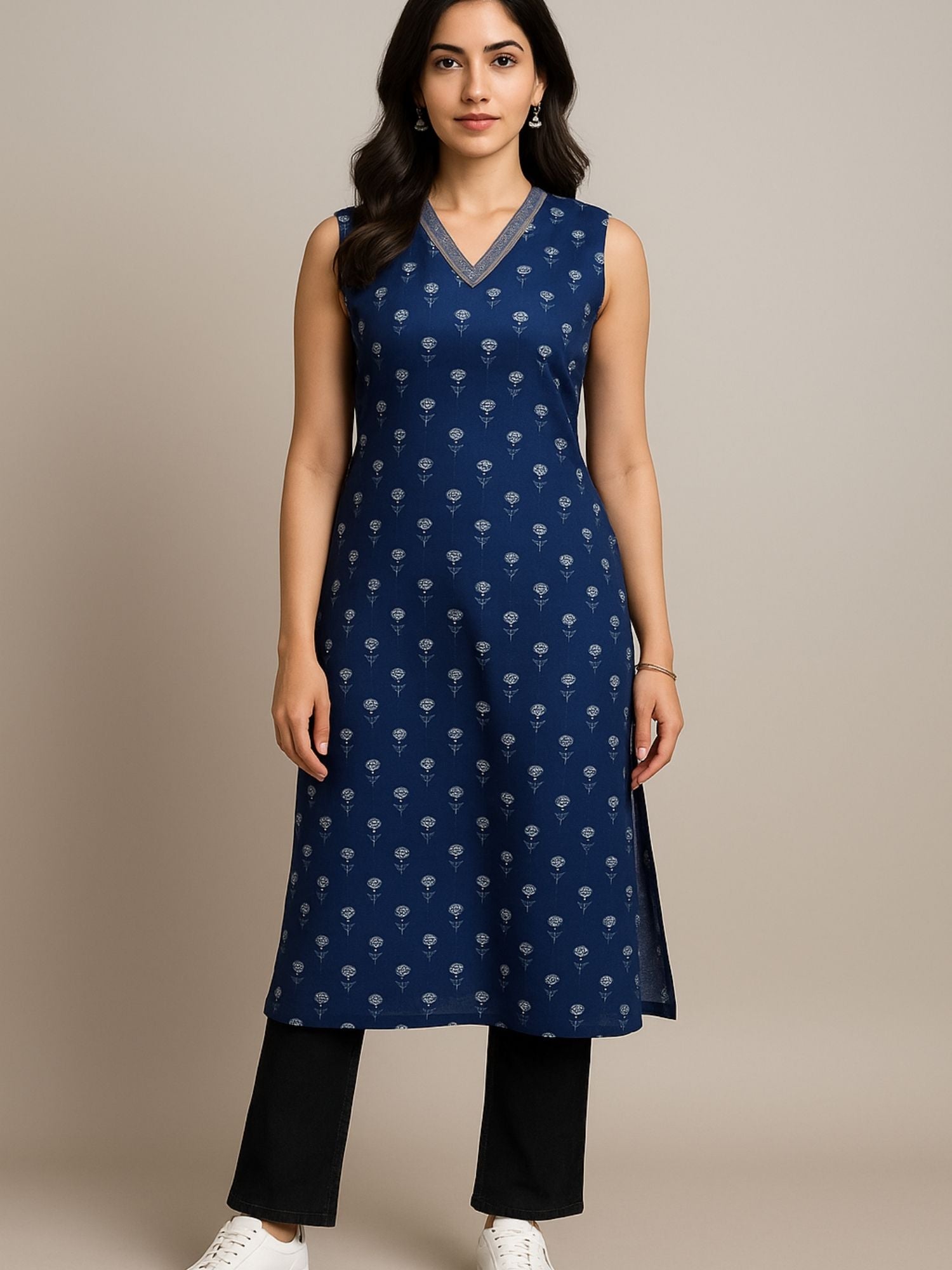 Navy Blue Color Small Floral Block Print With Zari Couching On Neckline Kurti