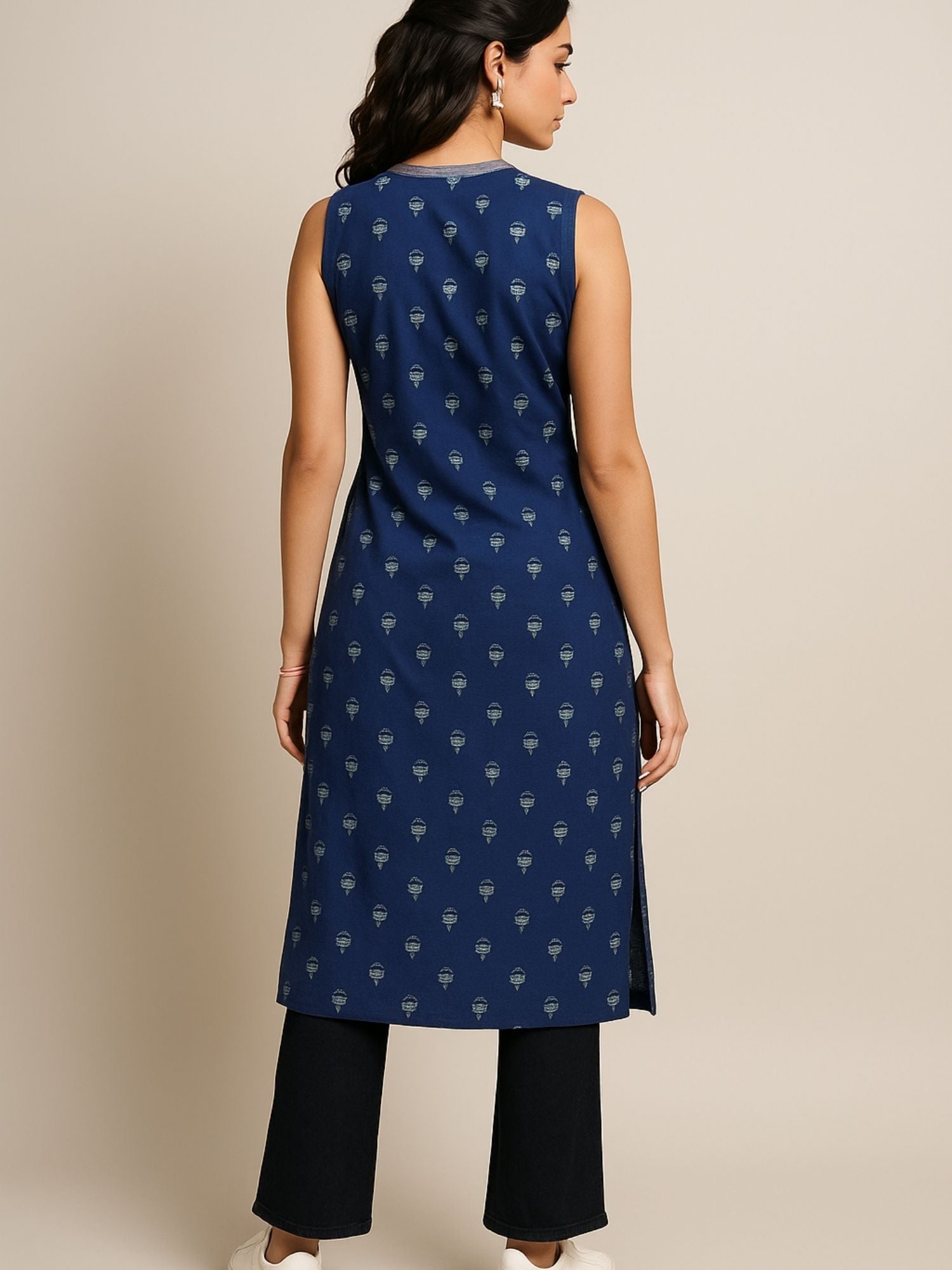 Navy Blue Color Small Floral Block Print With Zari Couching On Neckline Kurti