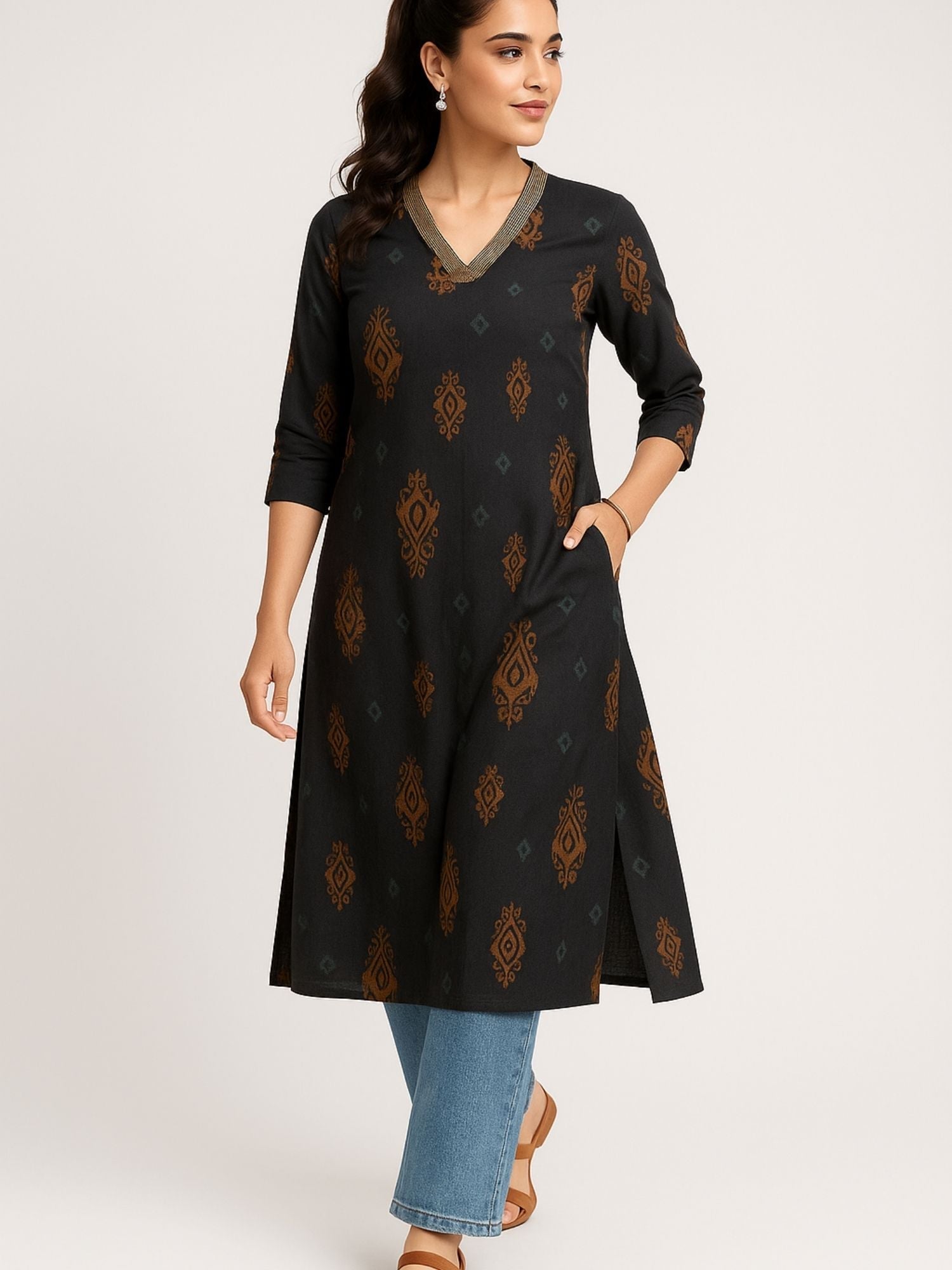 Black Color Block Style Print With Zari Couching On Neckline Kurti