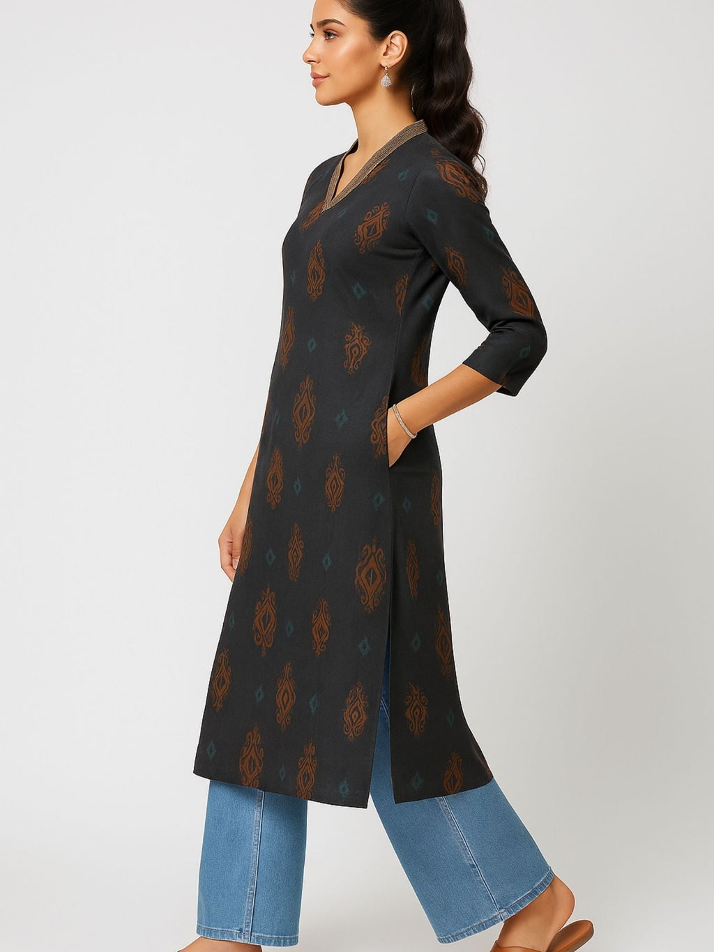Black Color Block Style Print With Zari Couching On Neckline Kurti