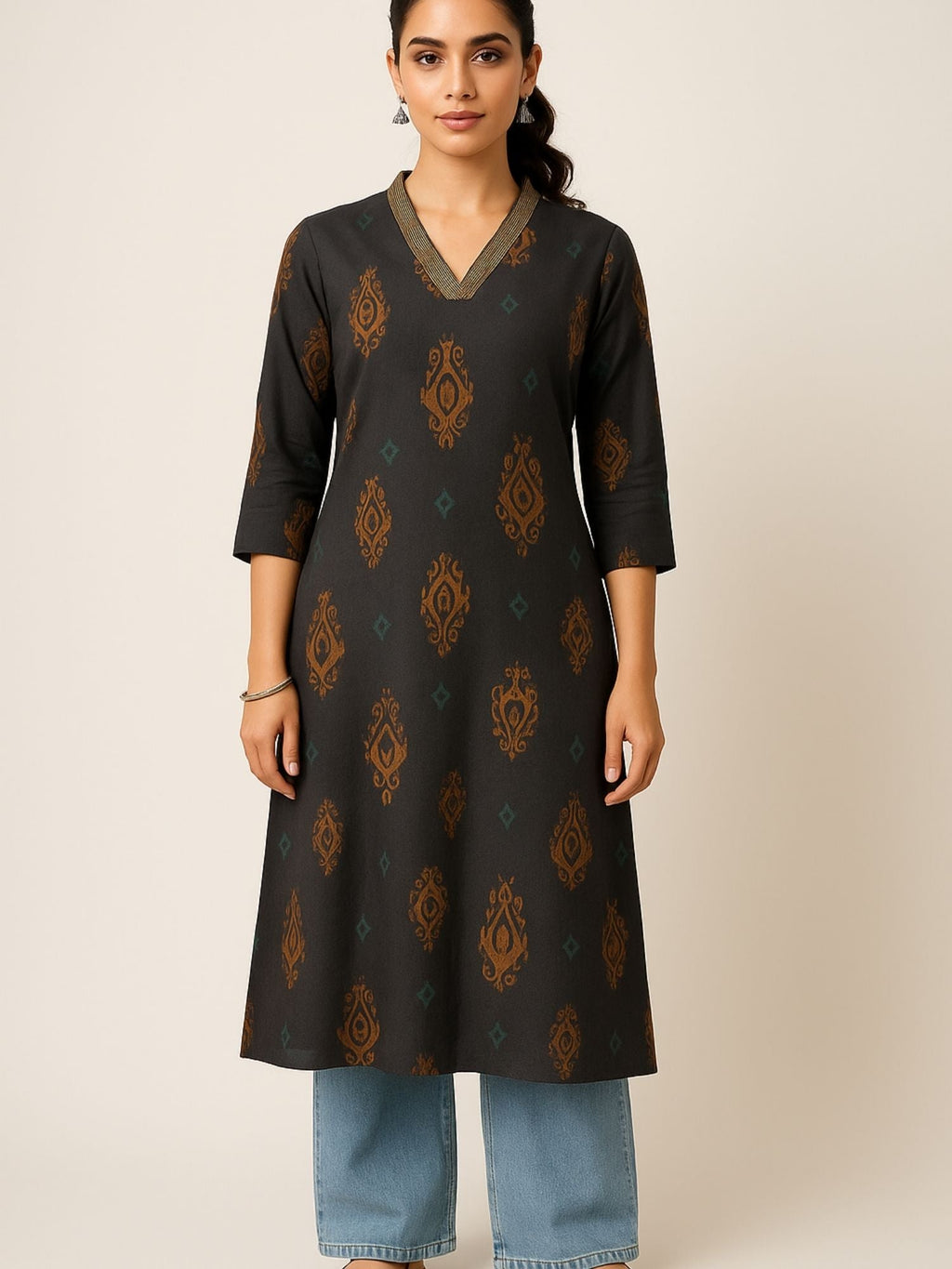 Black Color Block Style Print With Zari Couching On Neckline Kurti