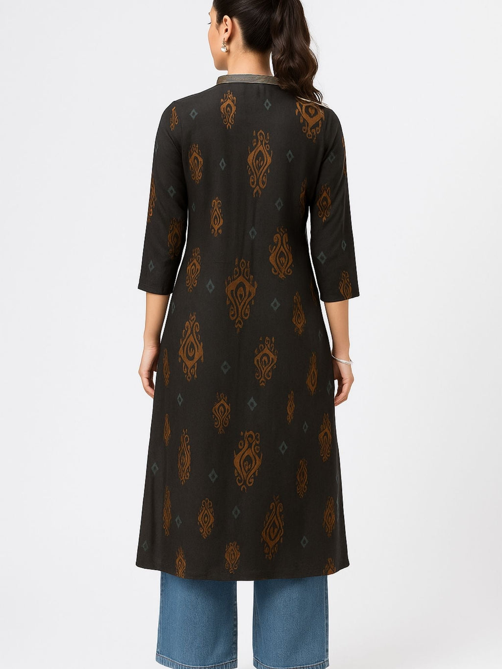 Black Color Block Style Print With Zari Couching On Neckline Kurti