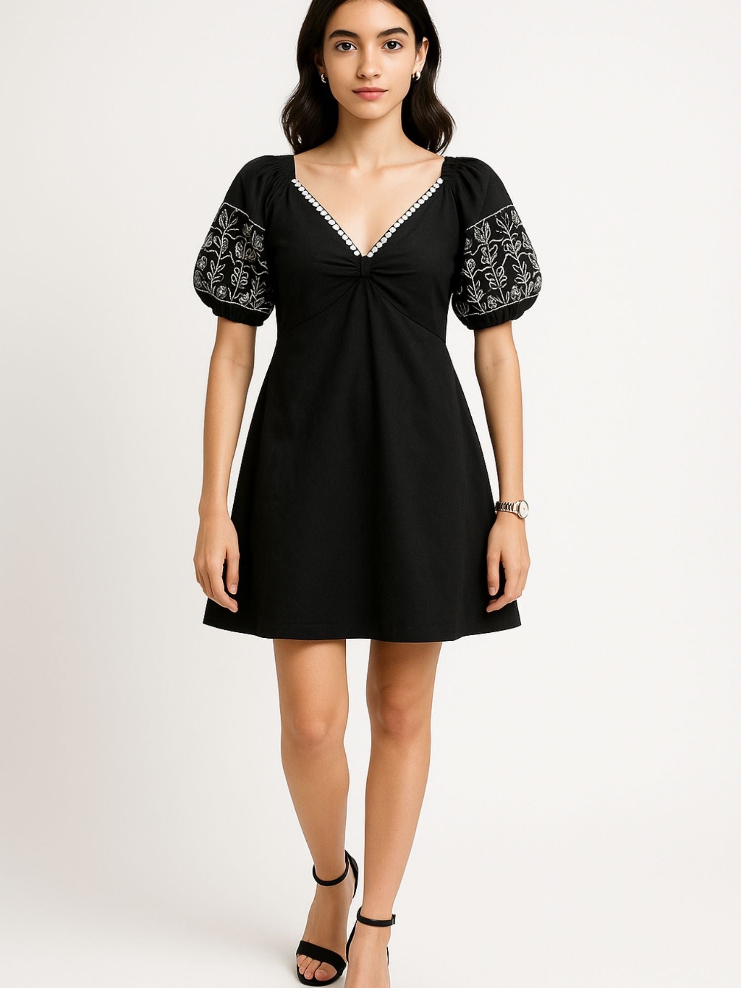 Black Color Embroidered Floral Motifs Cotton Dress