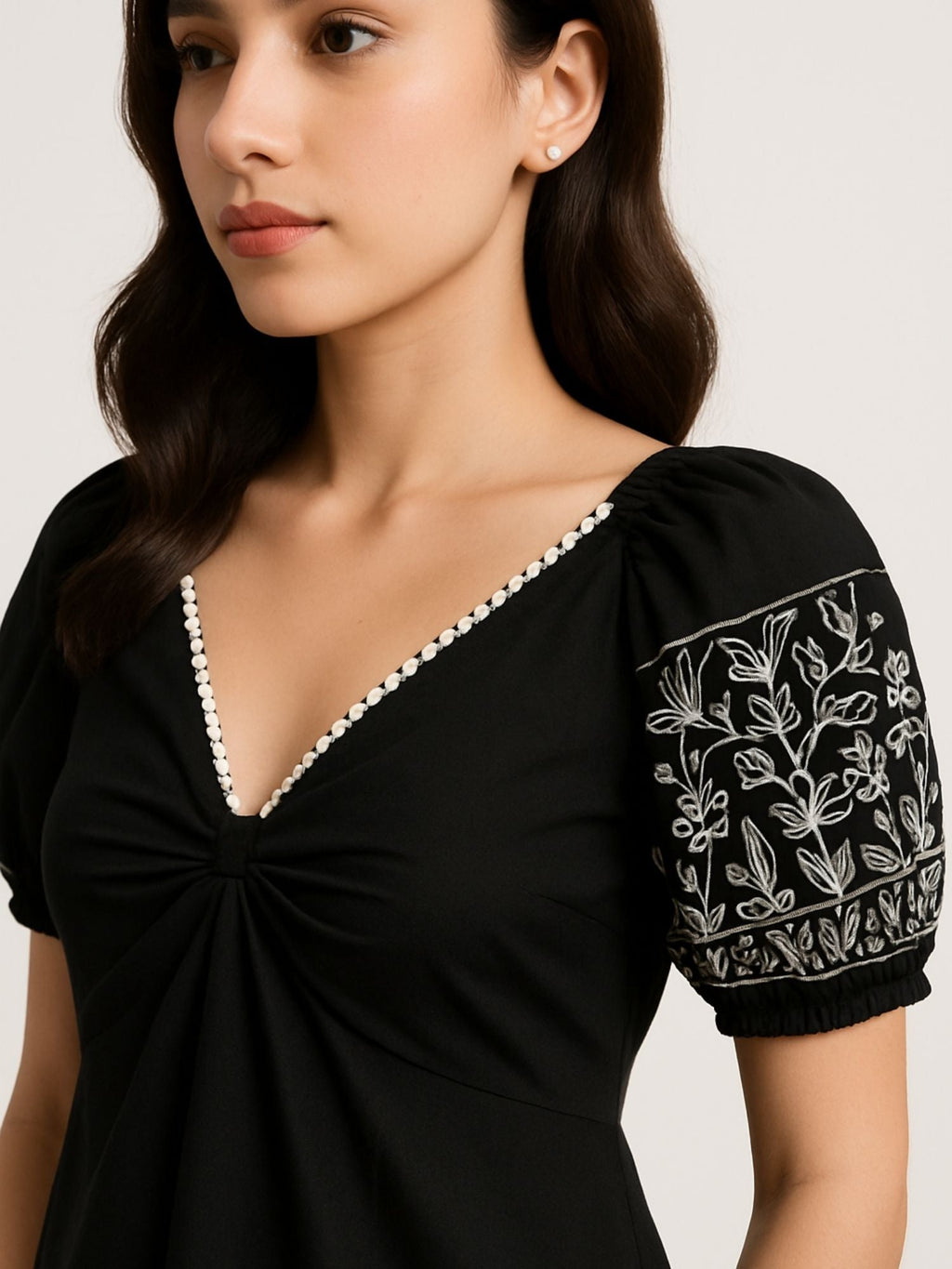 Black Color Embroidered Floral Motifs Cotton Dress