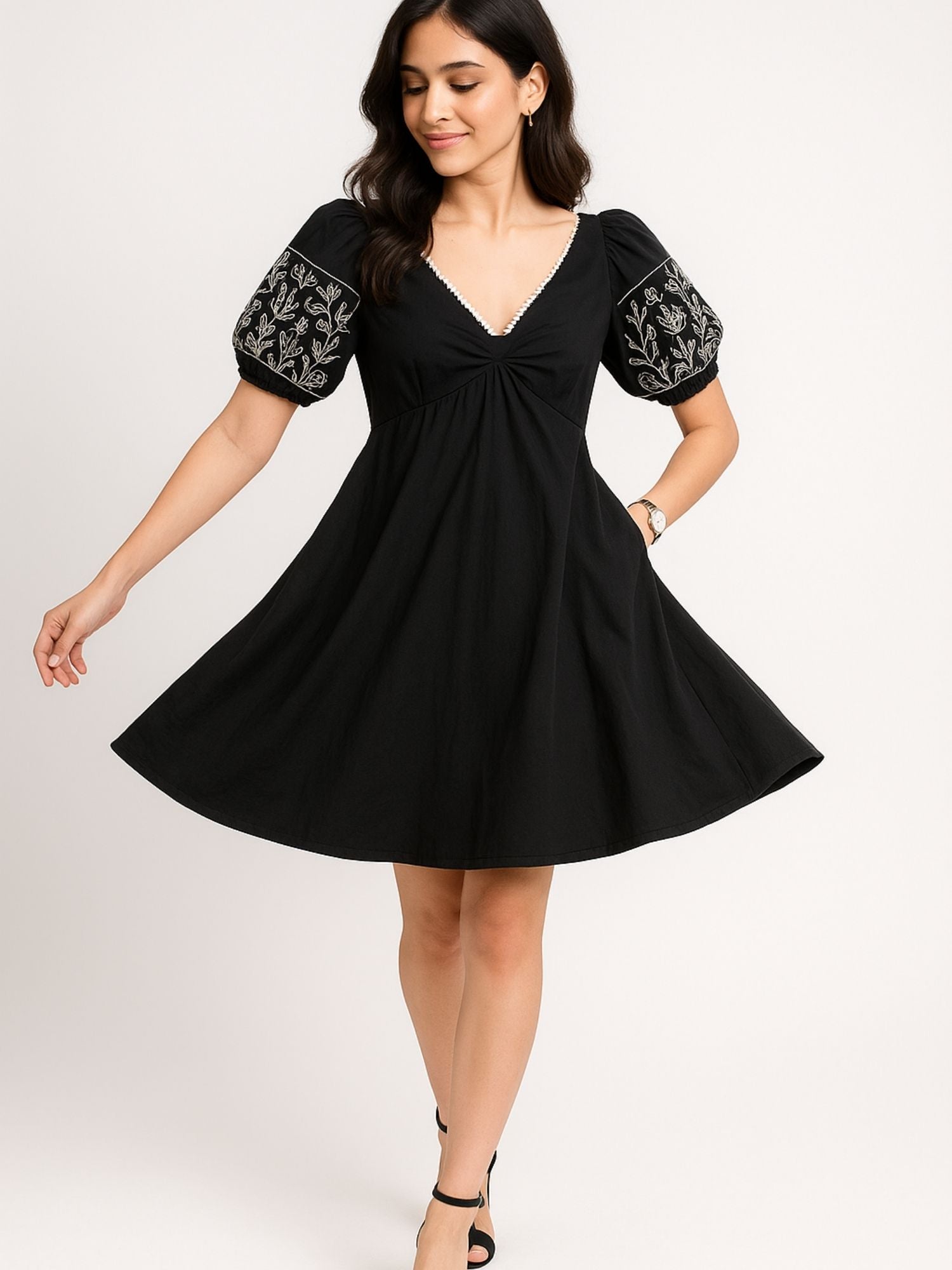 Black Color Embroidered Floral Motifs Cotton Dress