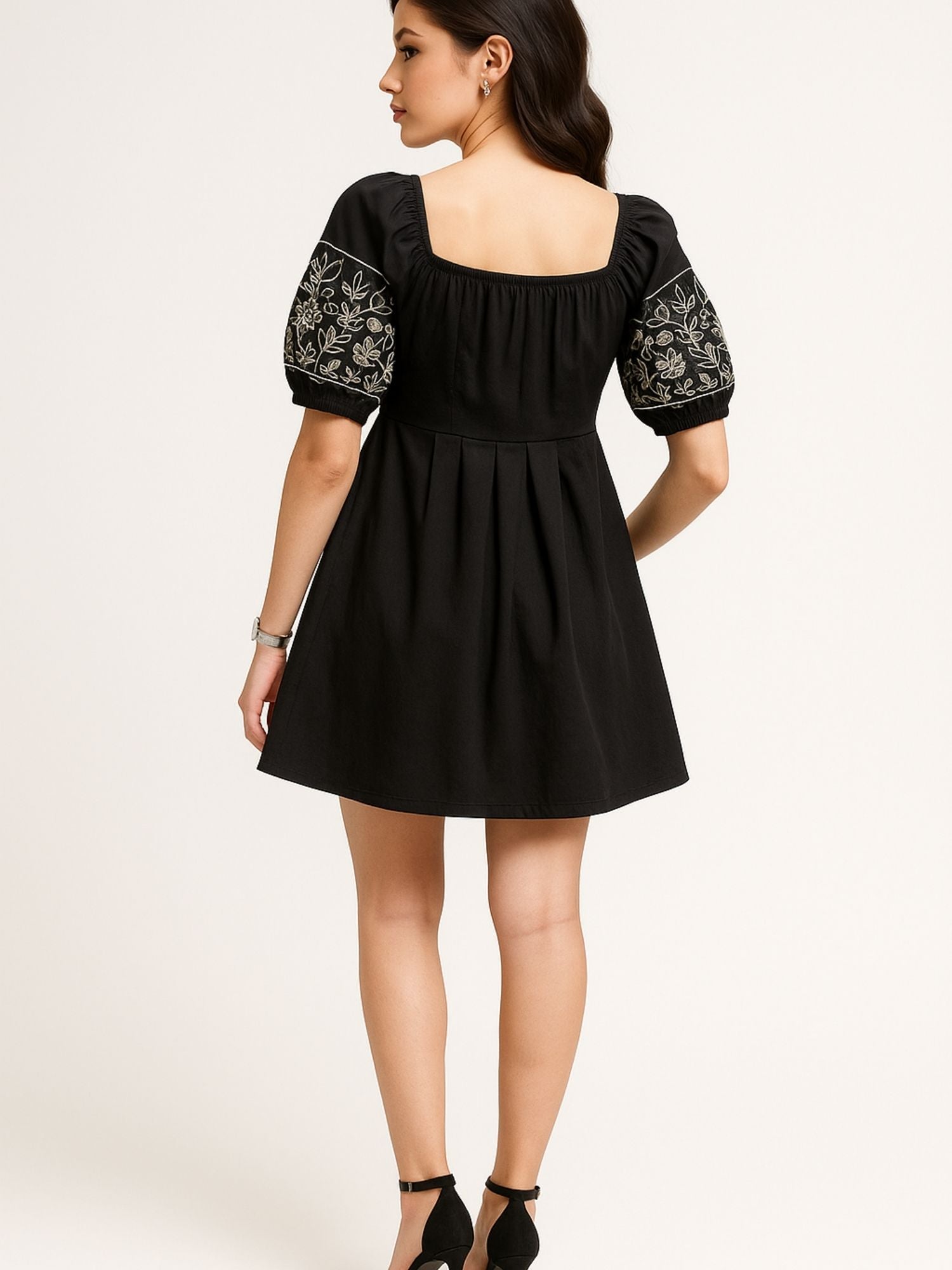 Black Color Embroidered Floral Motifs Cotton Dress