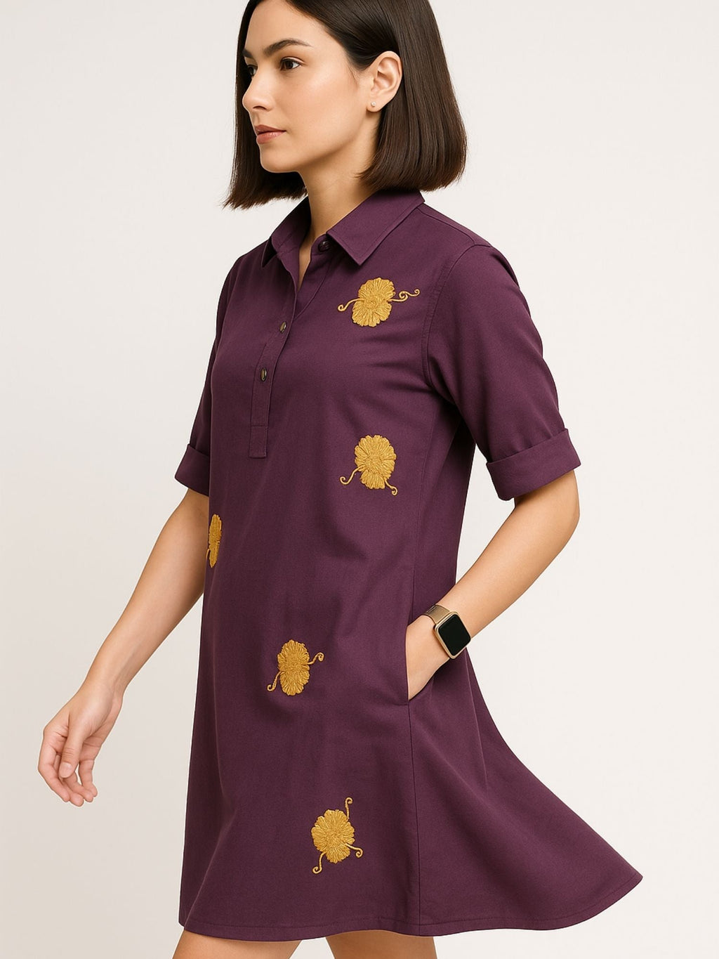 Purple Color Yellow Floral Embroidery Rayon Kurti