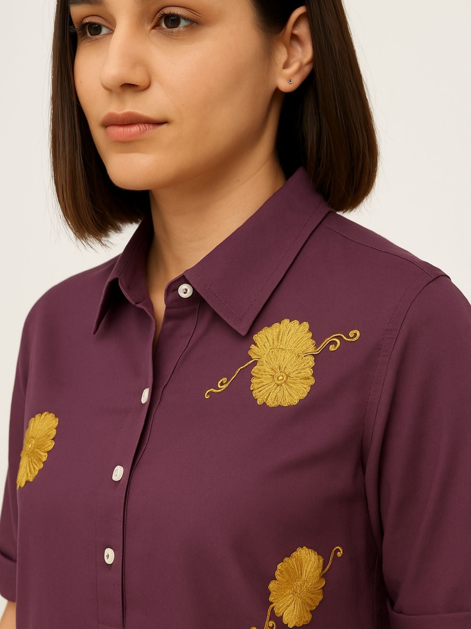 Purple Color Yellow Floral Embroidery Rayon Kurti