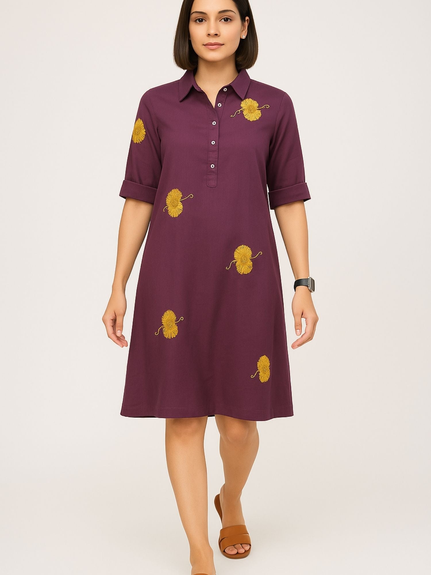 Purple Color Yellow Floral Embroidery Rayon Kurti