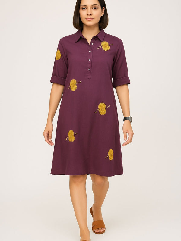 Purple Color Yellow Floral Embroidery Rayon Kurti