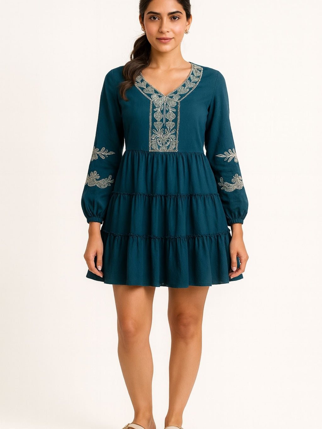 Teal Blue Color Embroidery On Neckline And Sleeves Tiered Skirt Design Dress