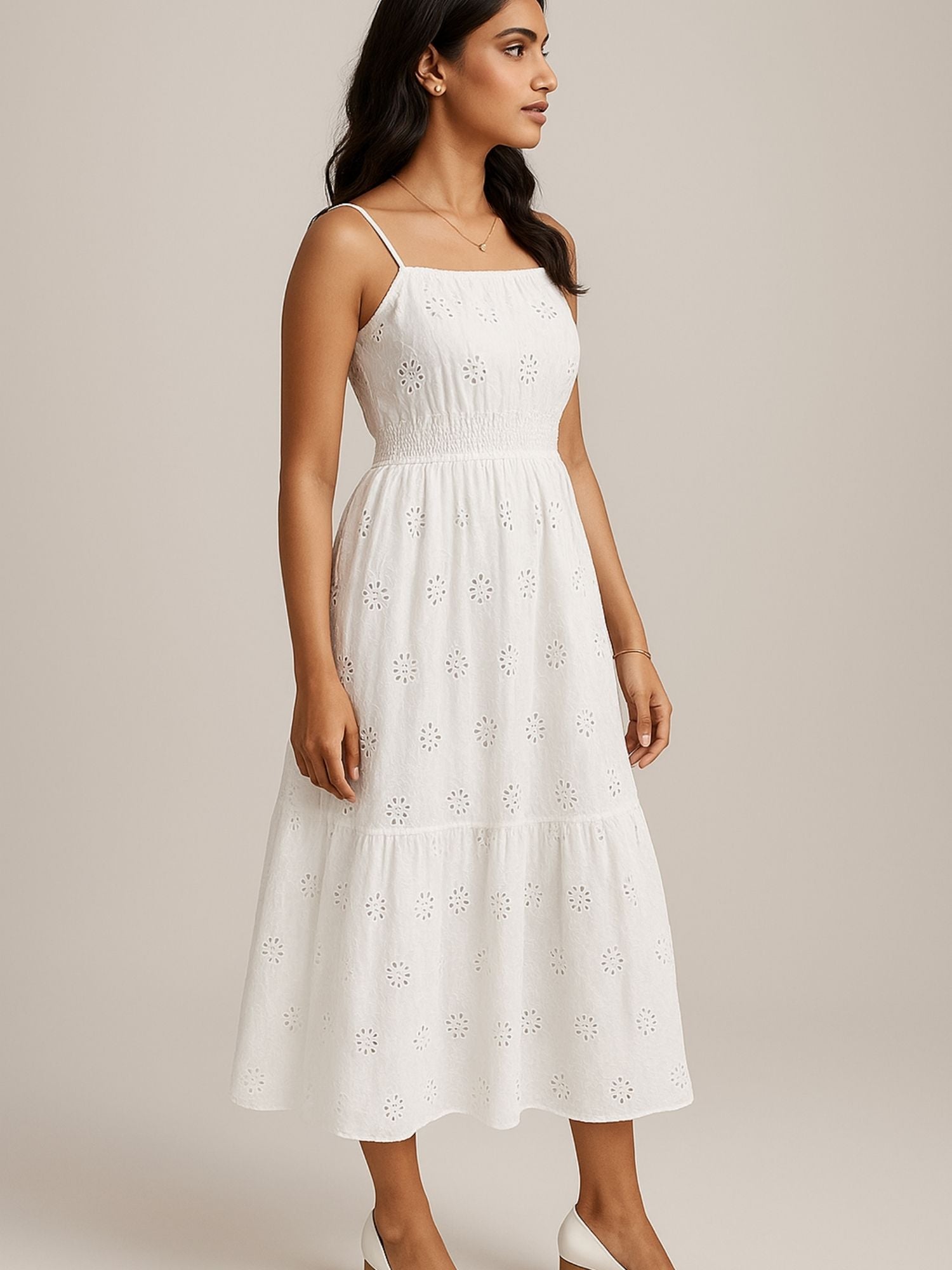 White Color Schiffli Embroidery Dress