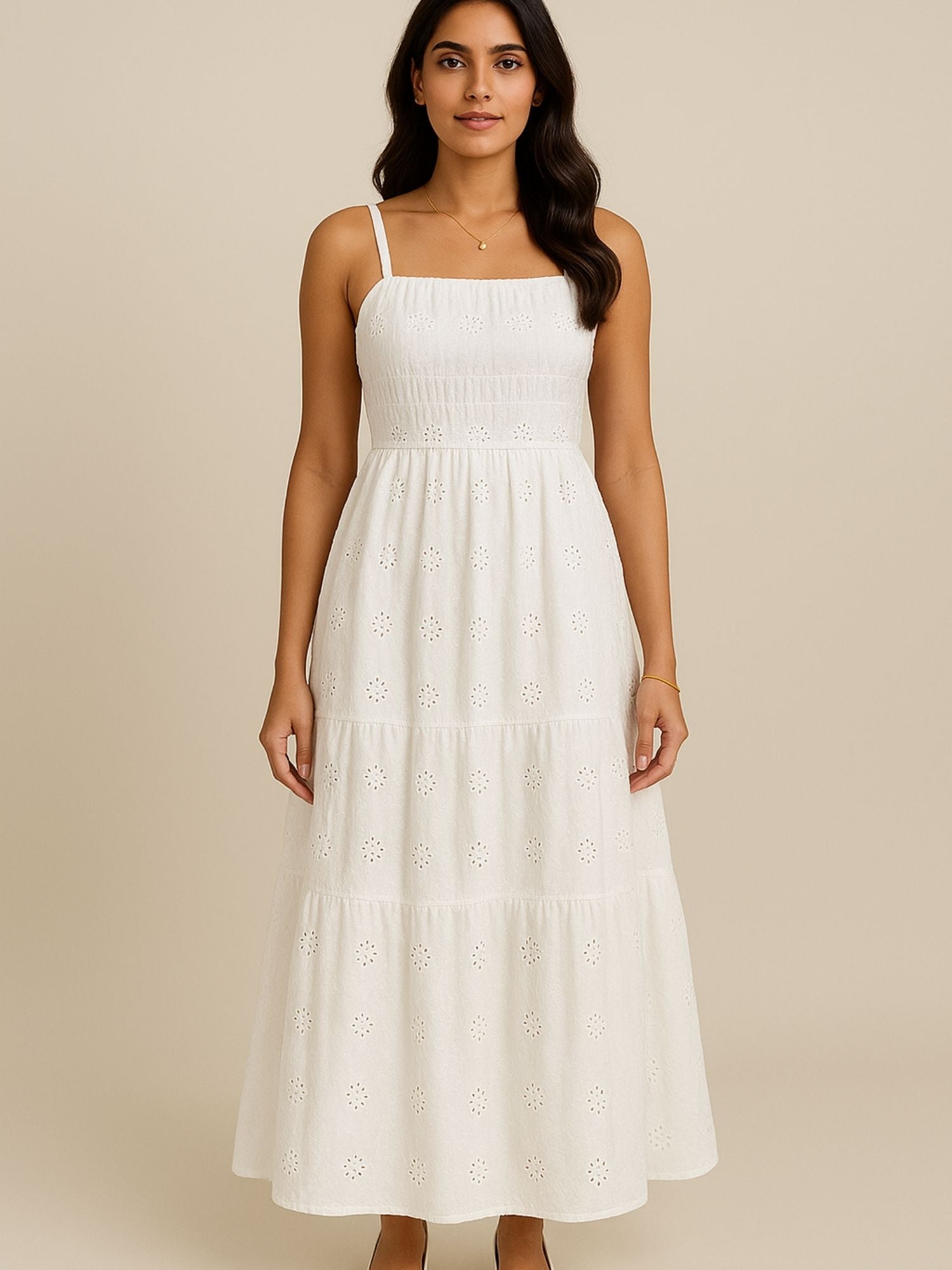 White Color Schiffli Embroidery Dress