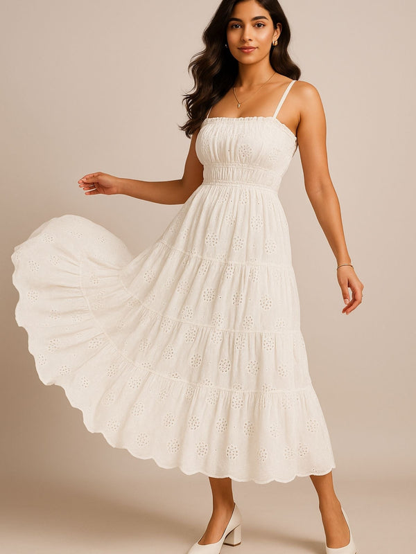 White Color Schiffli Embroidery Dress