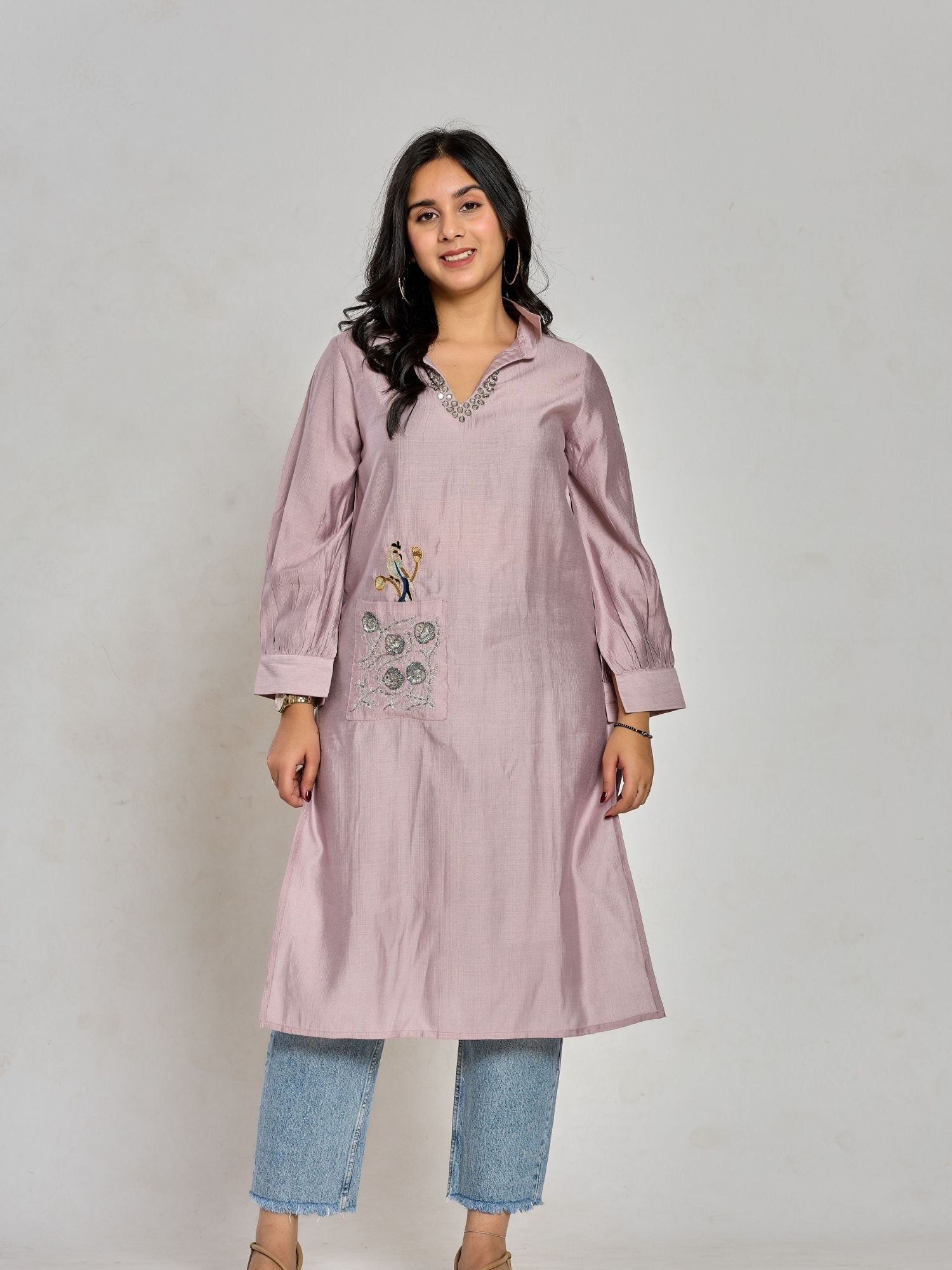 Lavender Color Embroidery With Mirror Work Kurti