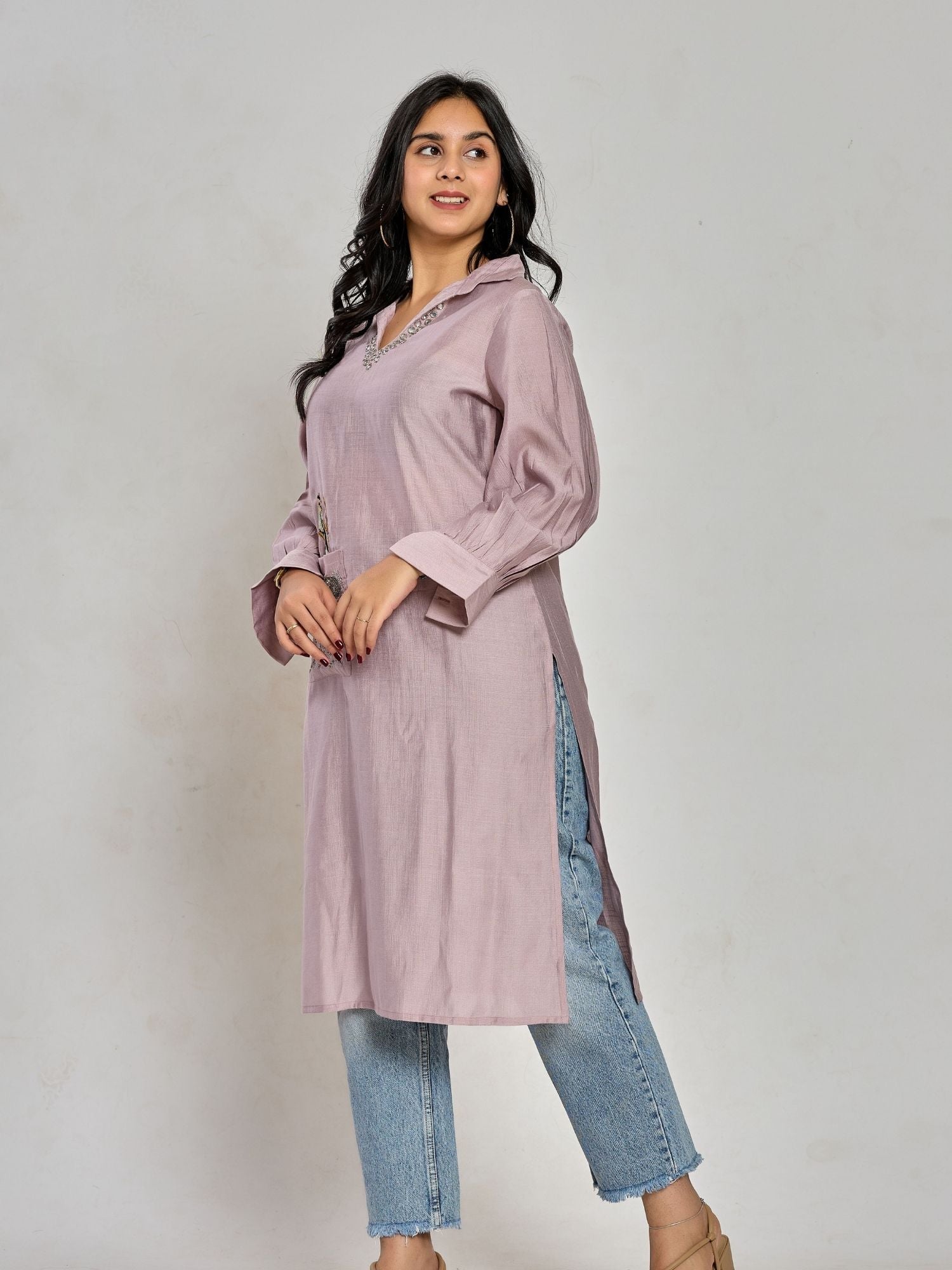 Lavender Color Embroidery With Mirror Work Kurti