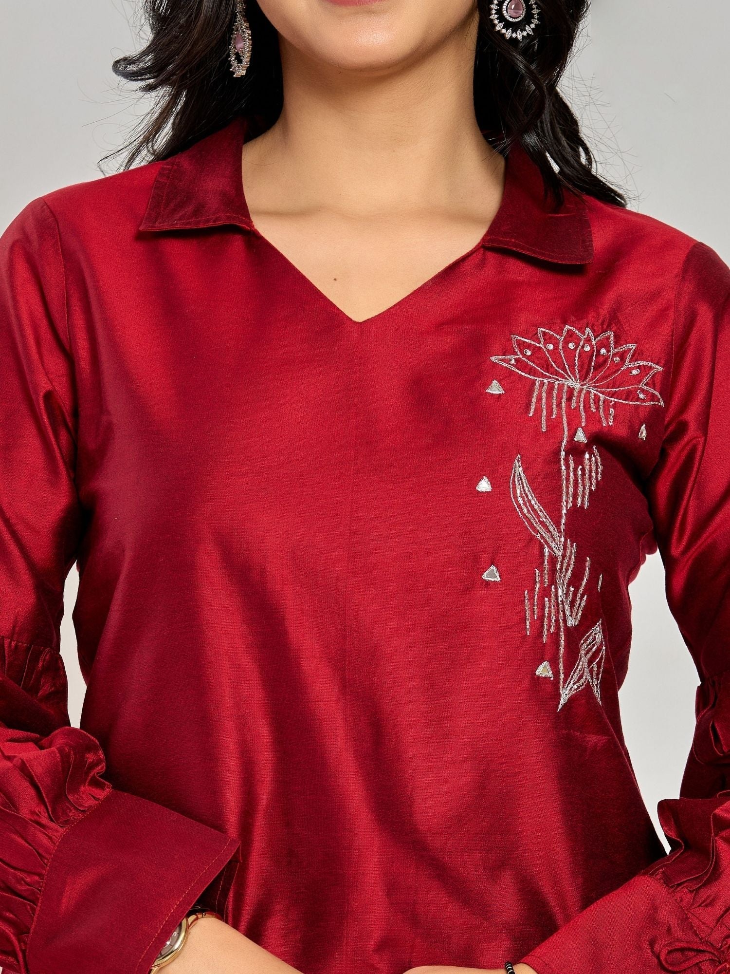 Maroon Color Zari Embroidery Kurta With Pant