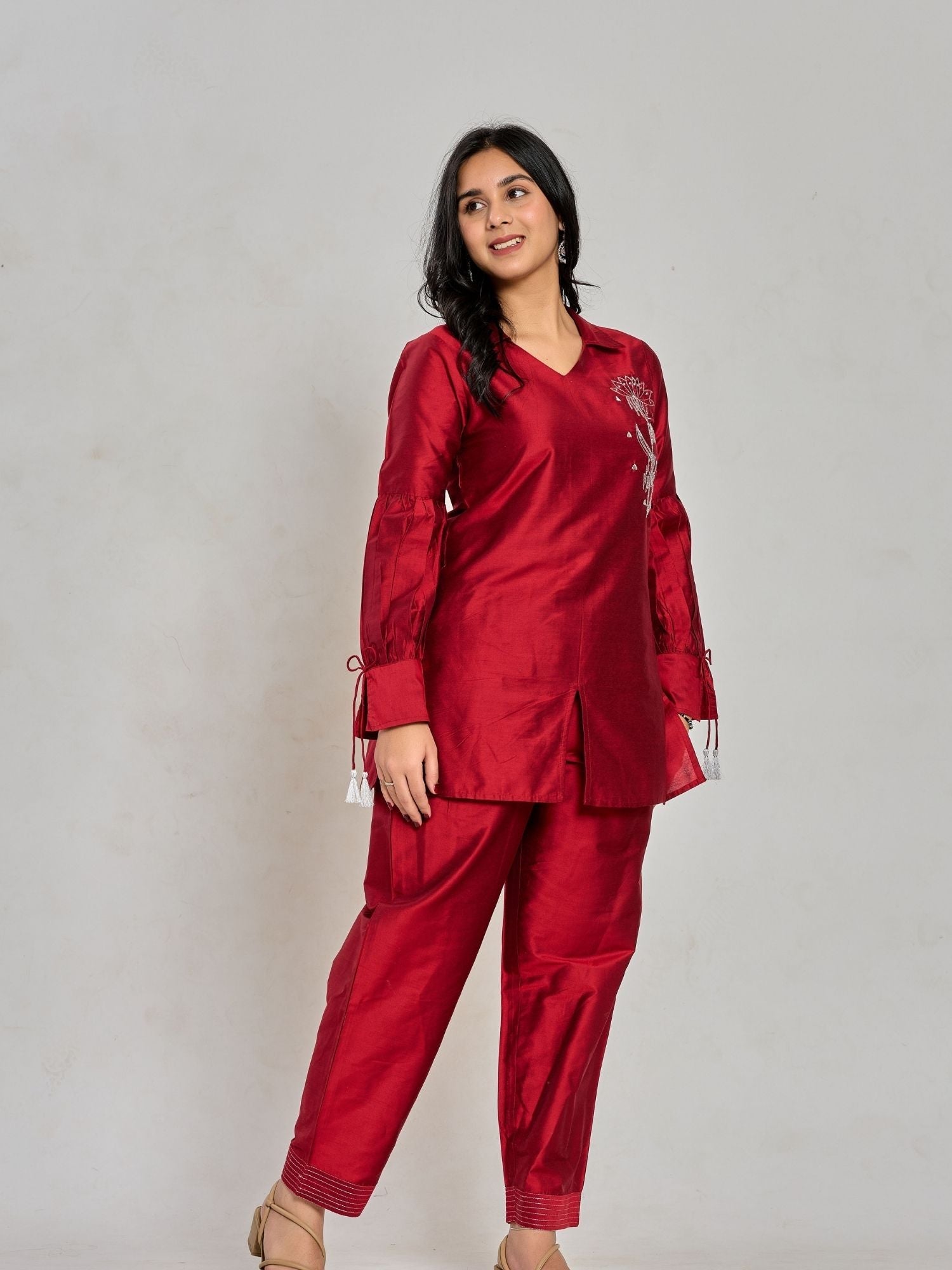 Maroon Color Zari Embroidery Kurta With Pant
