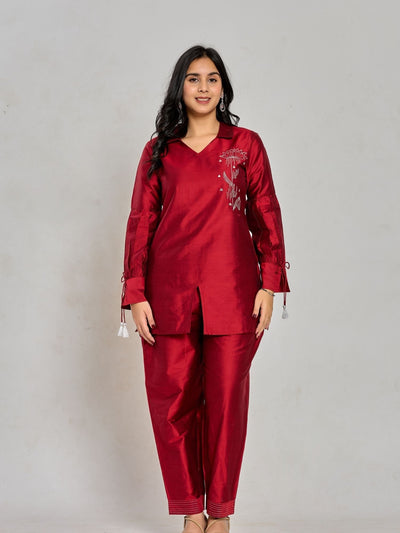 Maroon Color Zari Embroidery Kurta With Pant