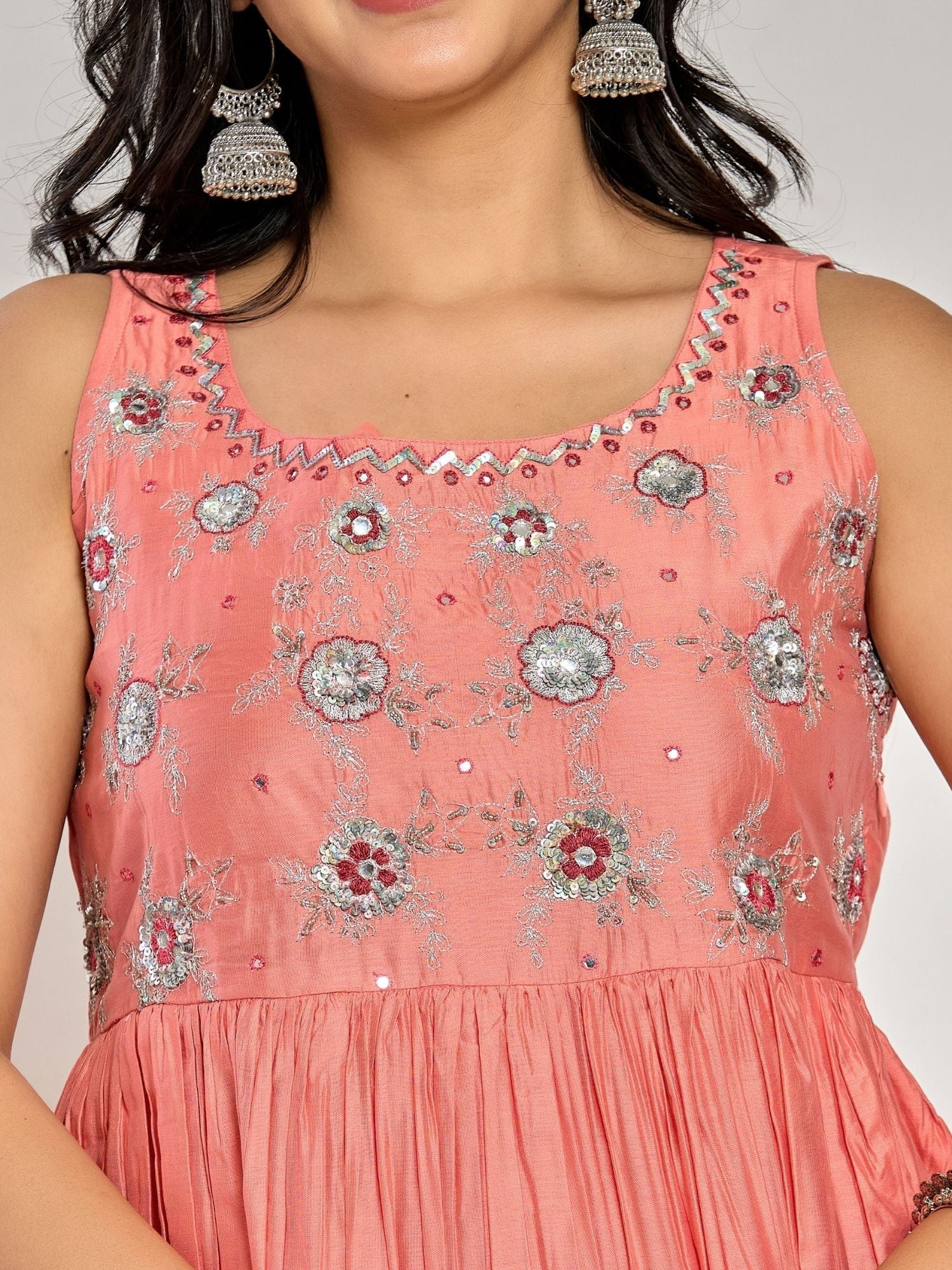 Coral Pink Color Floral Embroidery With Mirror And Thread Work Anarkali Kurta Pant