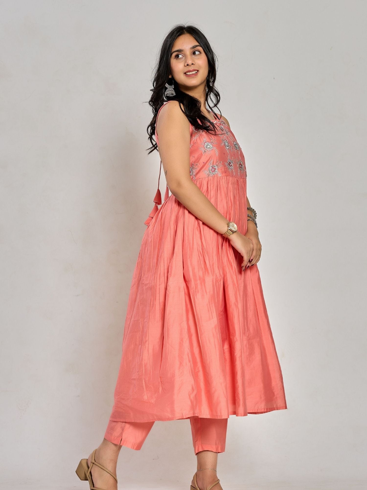 Coral Pink Color Floral Embroidery With Mirror And Thread Work Anarkali Kurta Pant