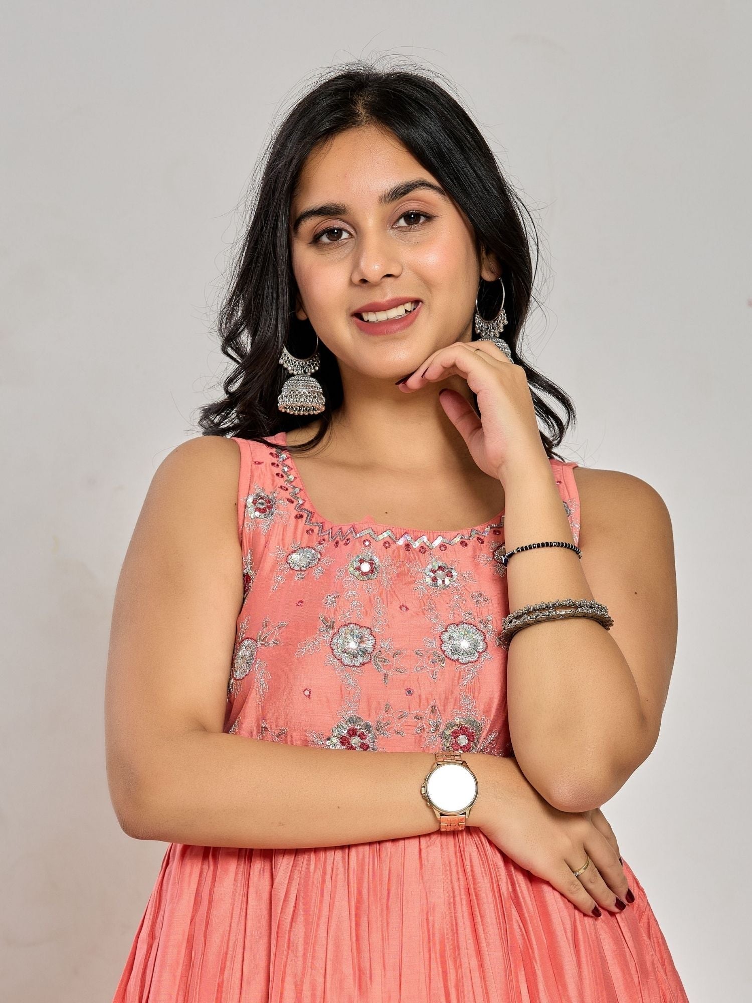 Coral Pink Color Floral Embroidery With Mirror And Thread Work Anarkali Kurta Pant