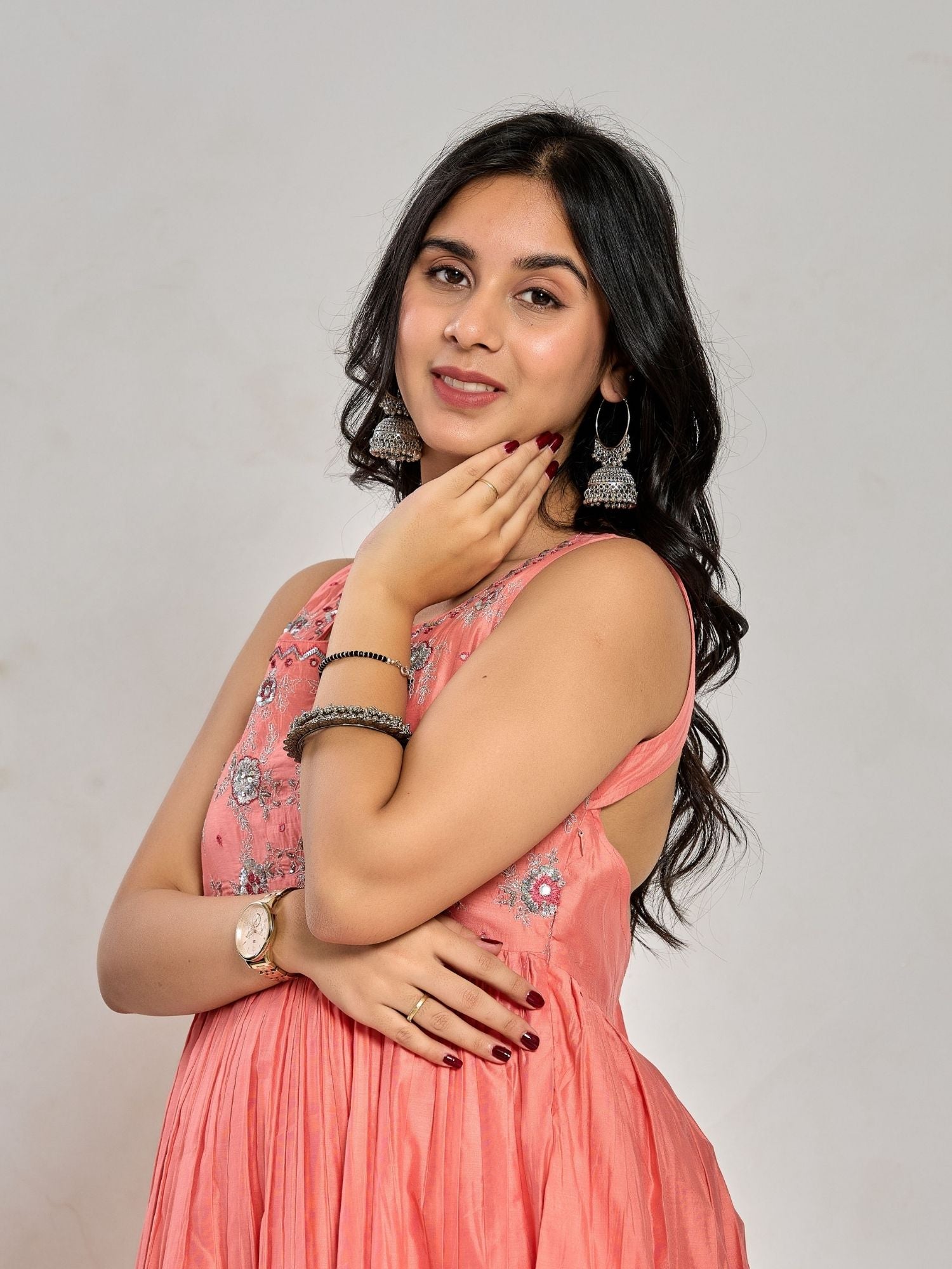 Coral Pink Color Floral Embroidery With Mirror And Thread Work Anarkali Kurta Pant