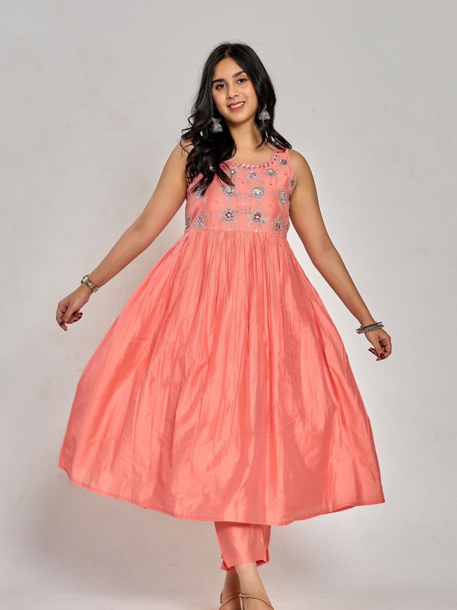 Coral Pink Color Floral Embroidery With Mirror And Thread Work Anarkali Kurta Pant