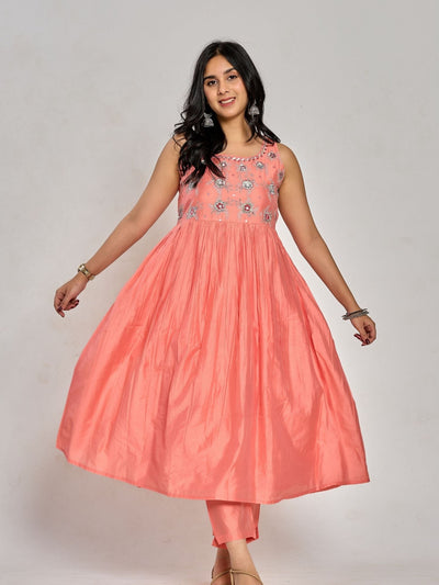 Coral Pink Color Floral Embroidery With Mirror And Thread Work Anarkali Kurta Pant