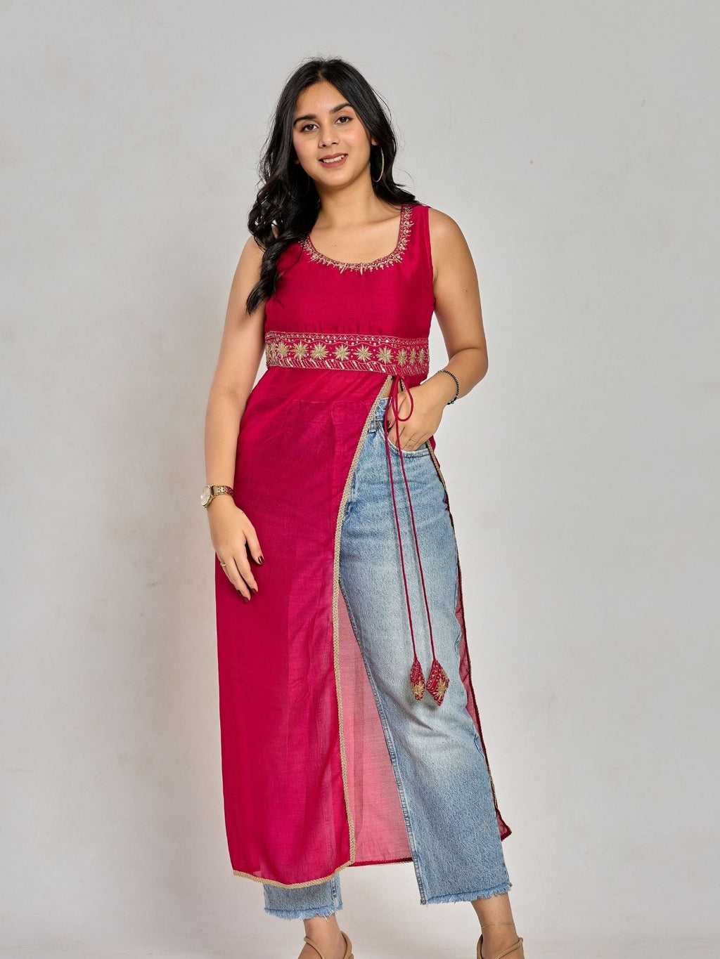 Pink Color Zari And Sequin Work Kurti