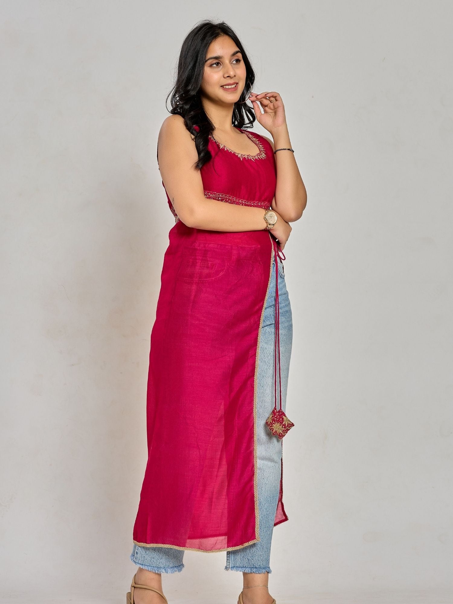 Pink Color Zari And Sequin Work Kurti