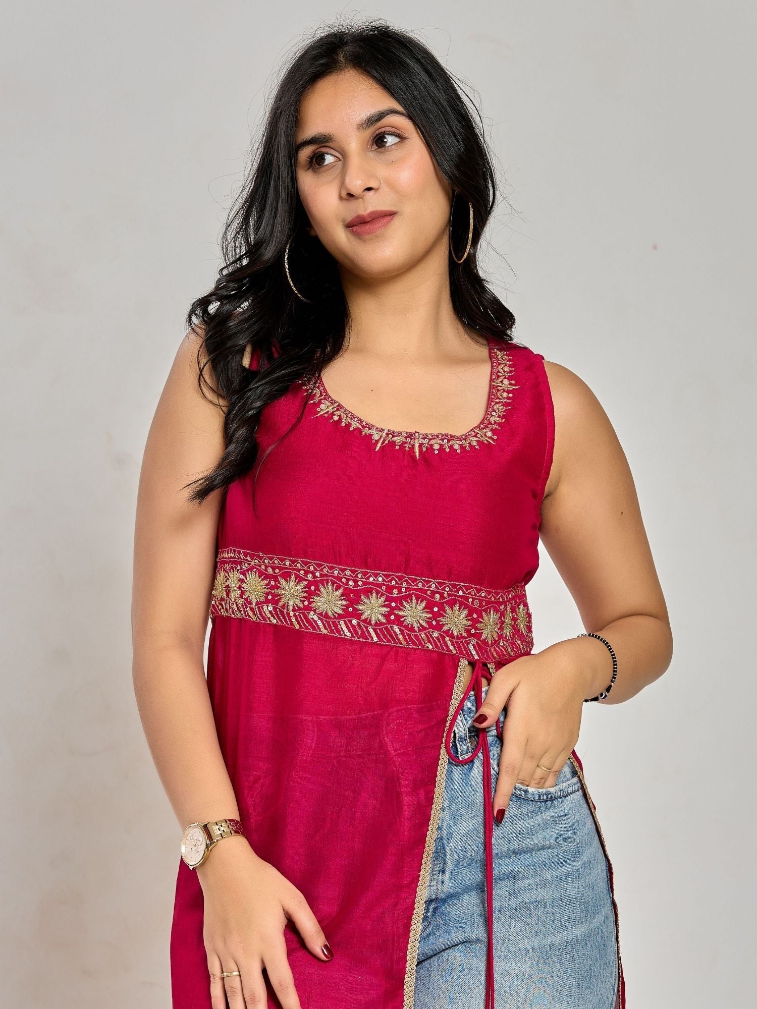 Pink Color Zari And Sequin Work Kurti
