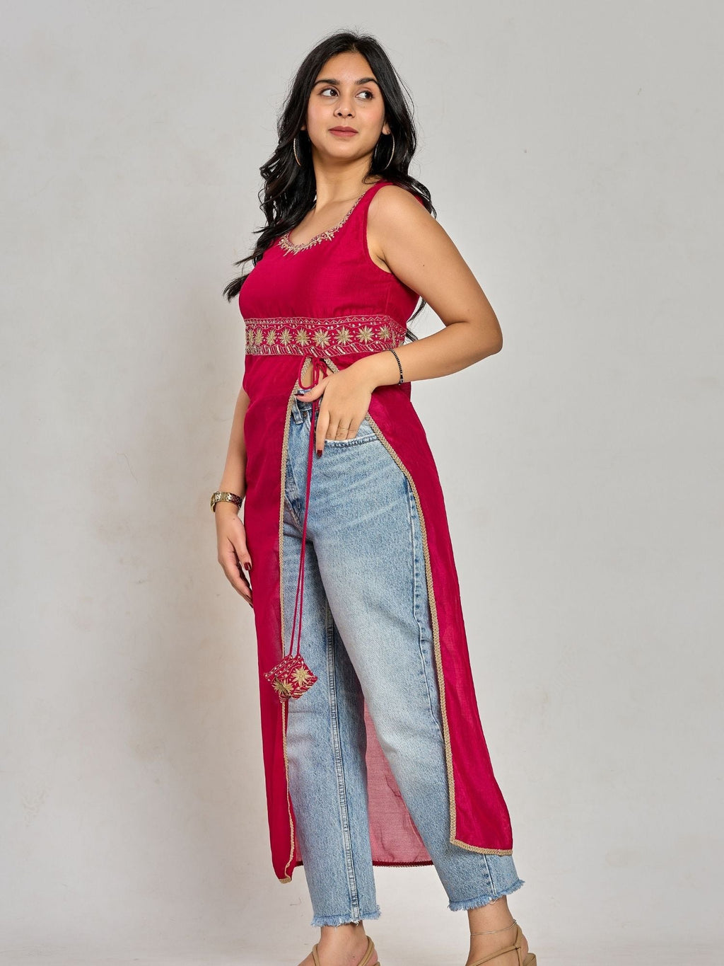 Pink Color Zari And Sequin Work Kurti