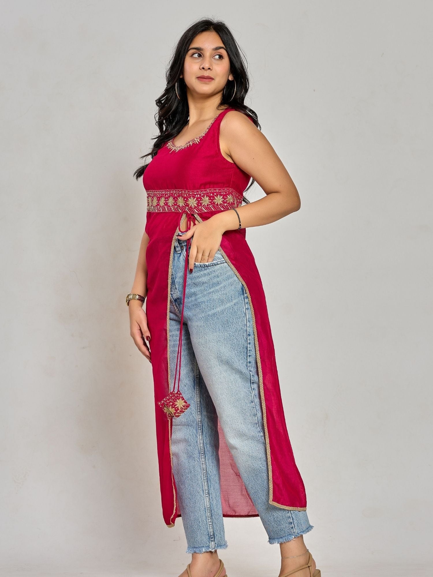 Pink Color Zari And Sequin Work Kurti