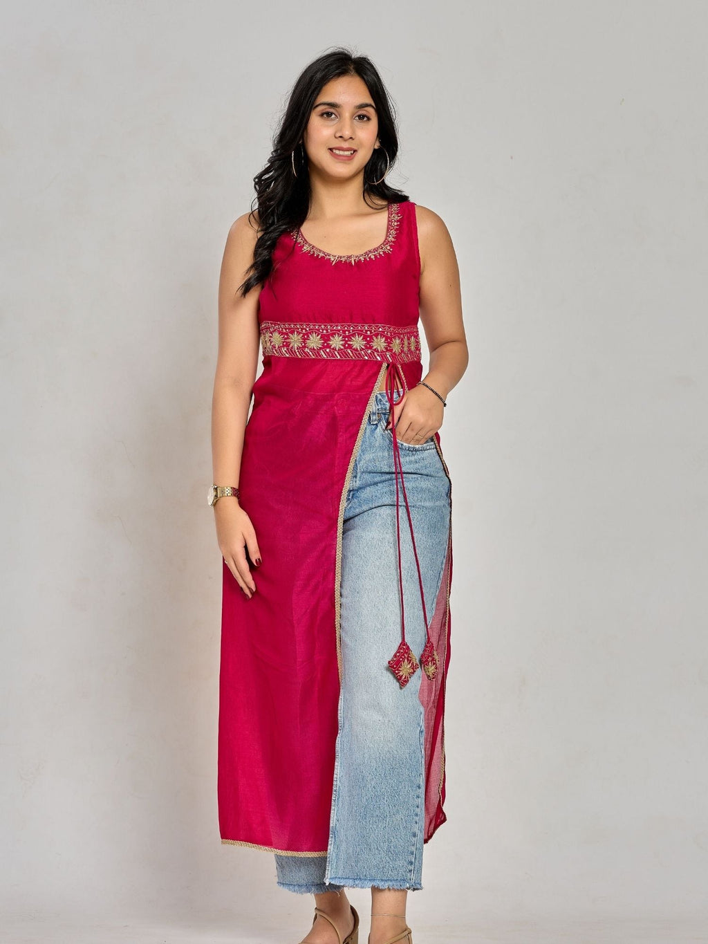 Pink Color Zari And Sequin Work Kurti