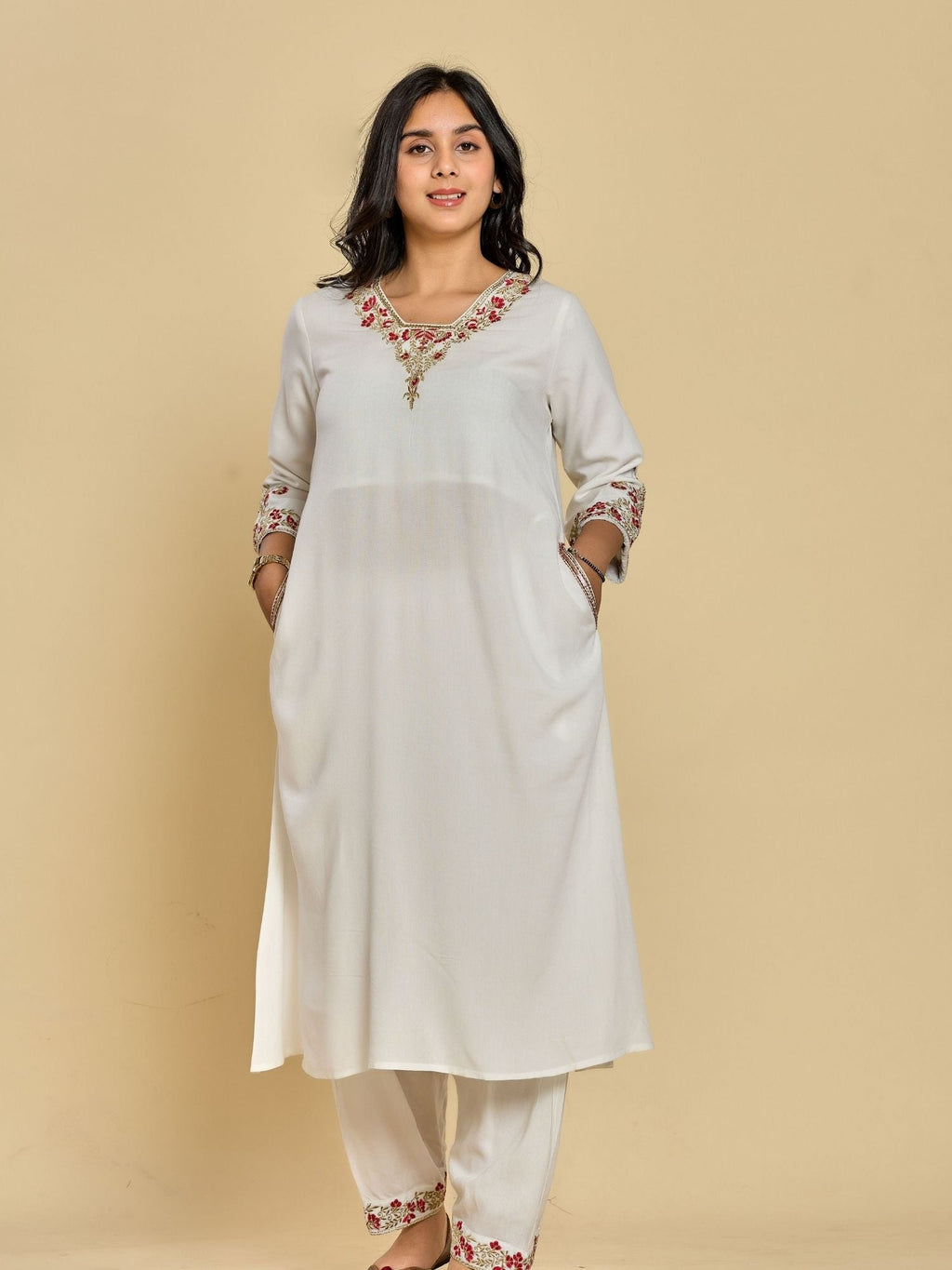 White Color Zari With Thread Work Kurta With Pant
