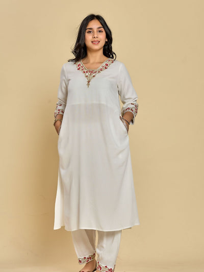 White Color Zari With Thread Work Kurta With Pant