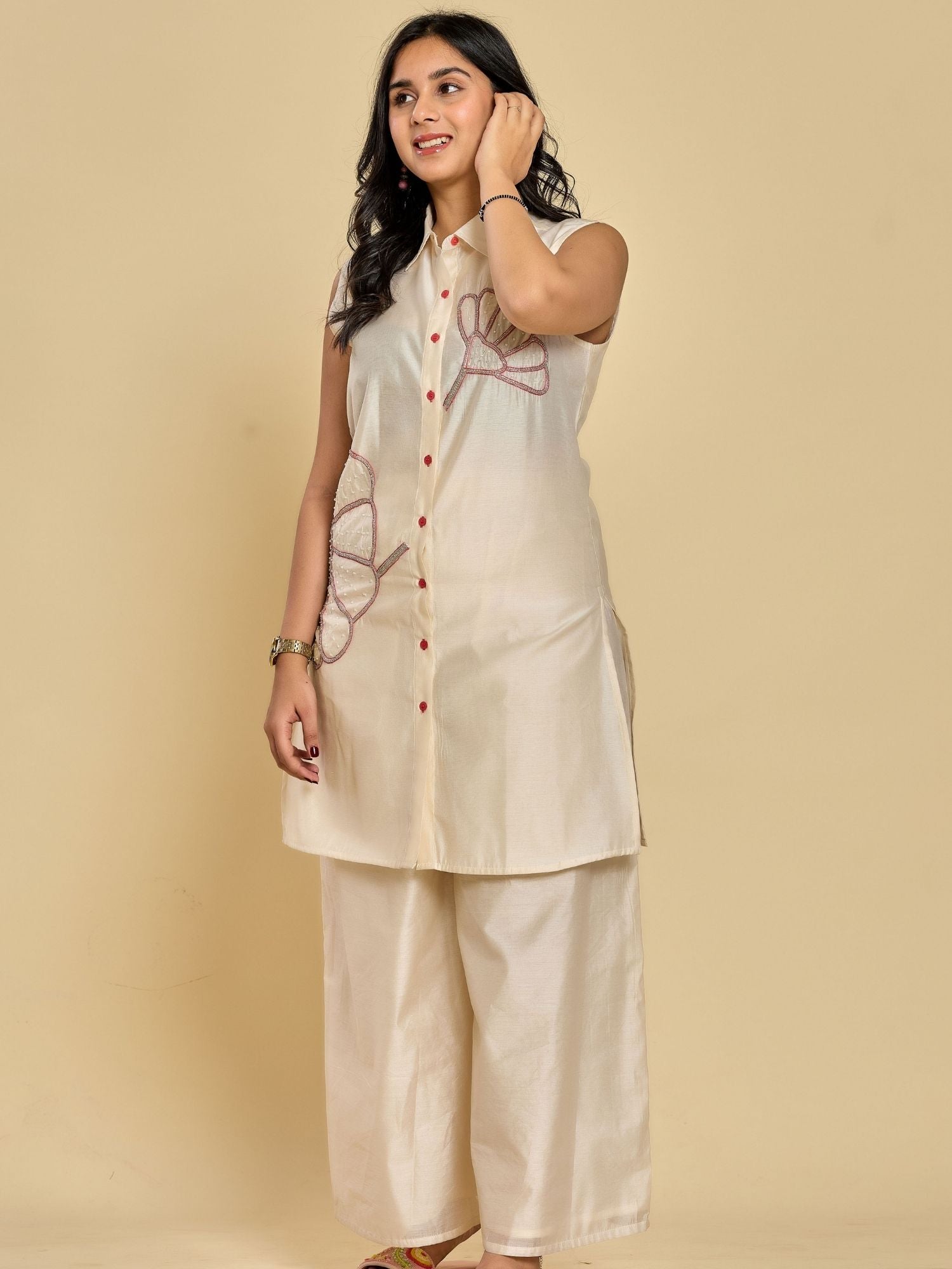 Ivory Color Thread Embroidery With Beads Kurta With Pant