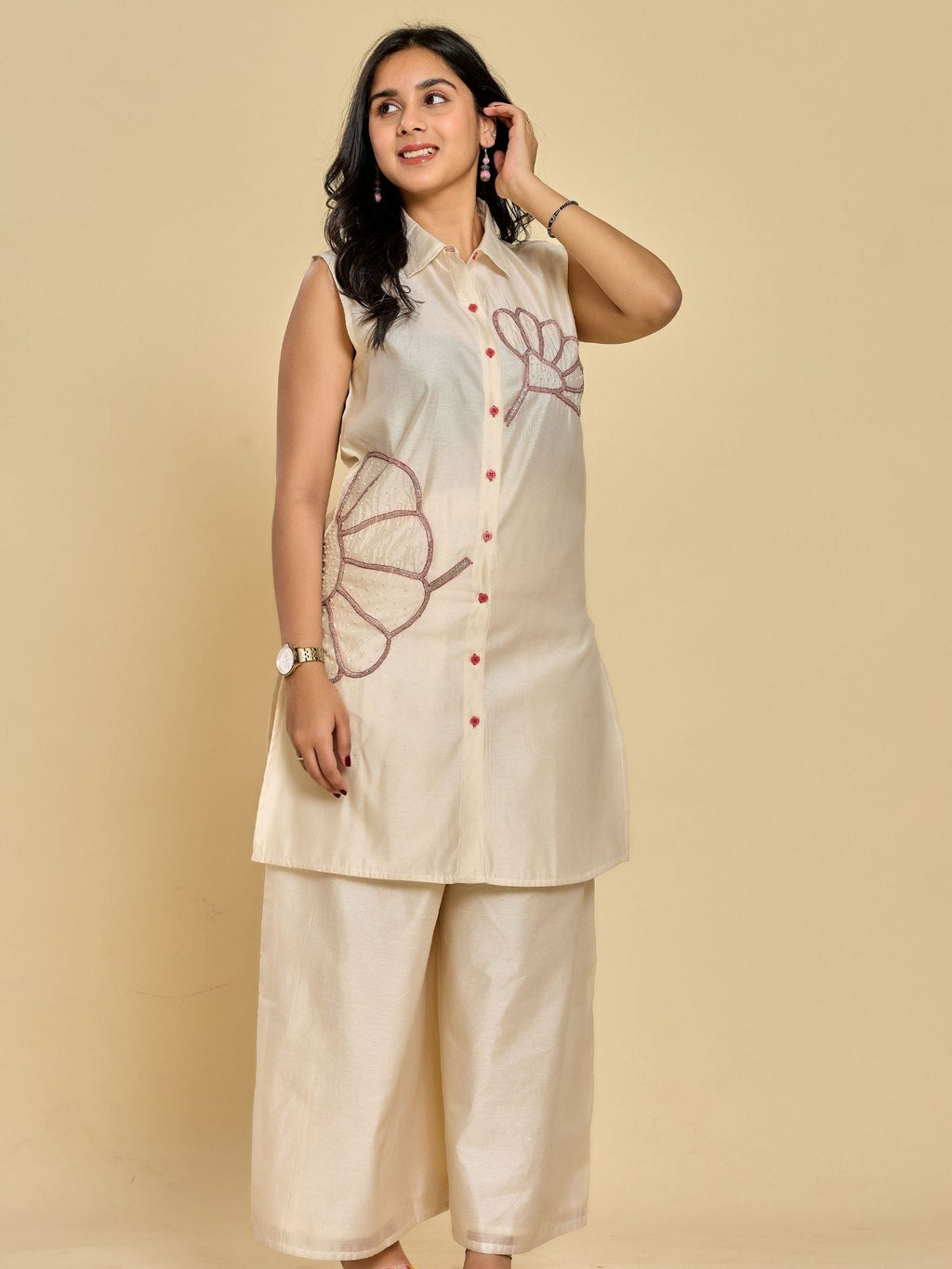 Ivory Color Thread Embroidery With Beads Kurta With Pant