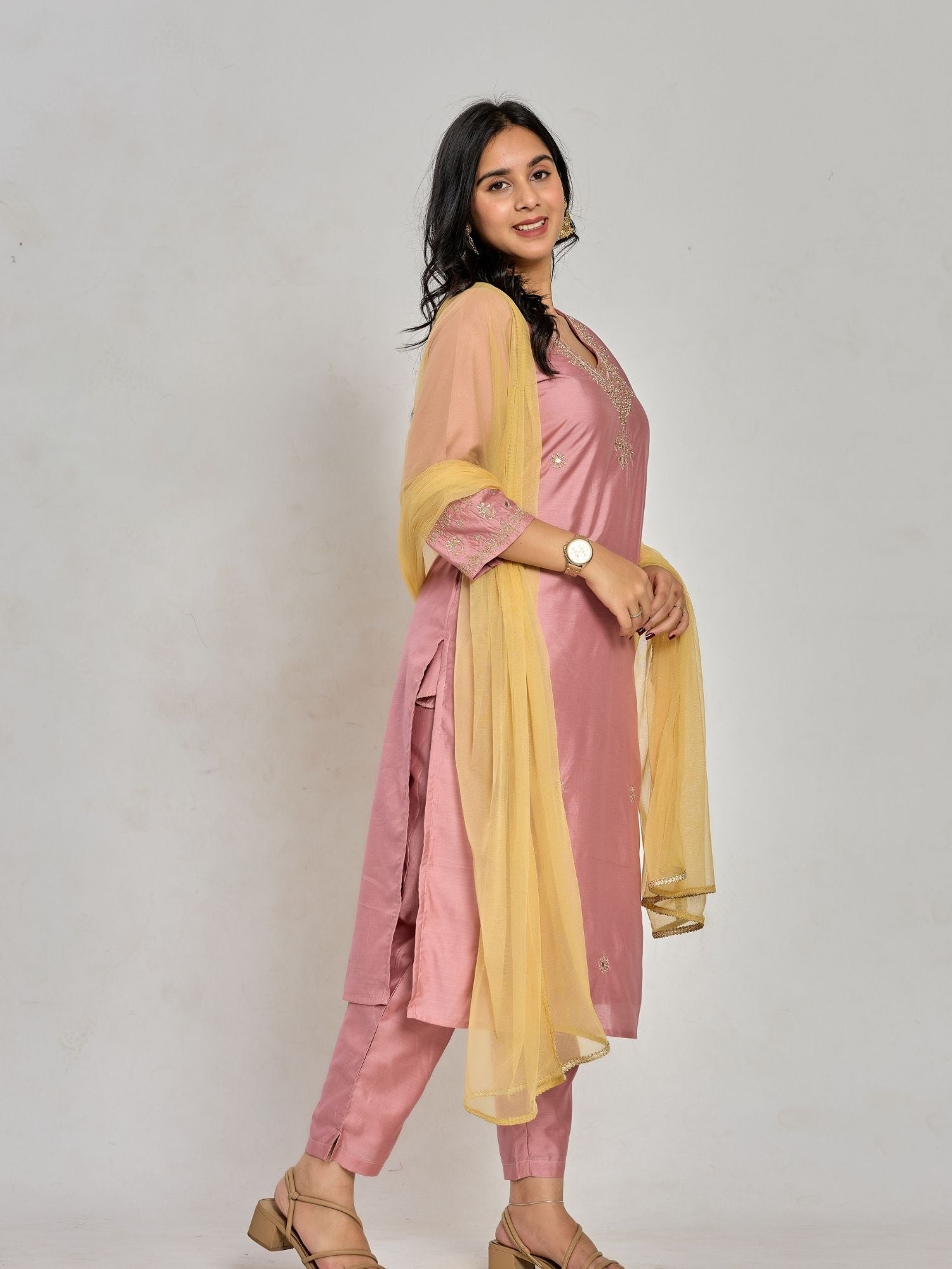 Pink Color Dabka Embroidery With Mirror Work Kurta With Pant And Duptta
